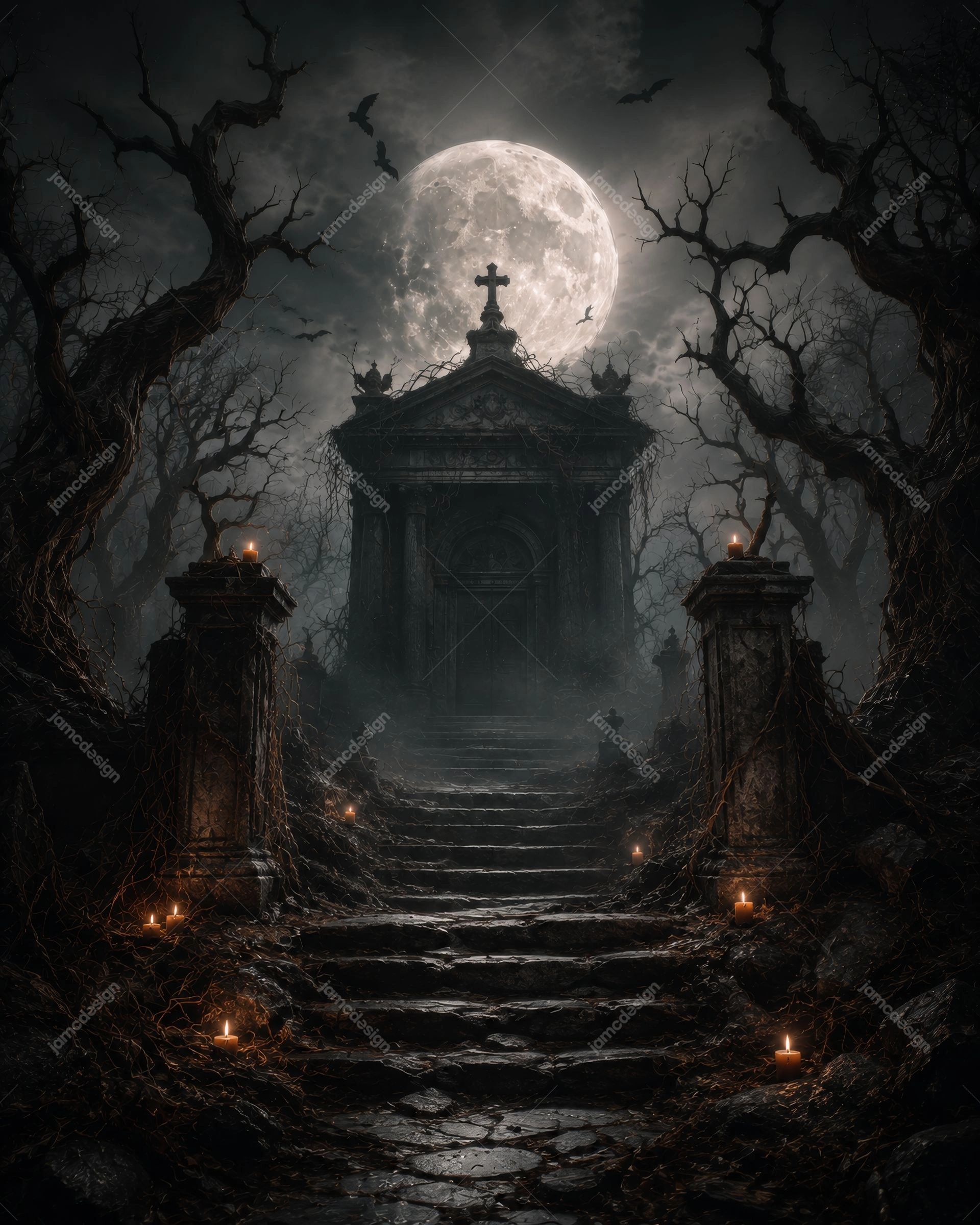 Twisted Root Tunnel Full Moon Halloween Background. Dark JPG background depicting a full moon above a foggy forest