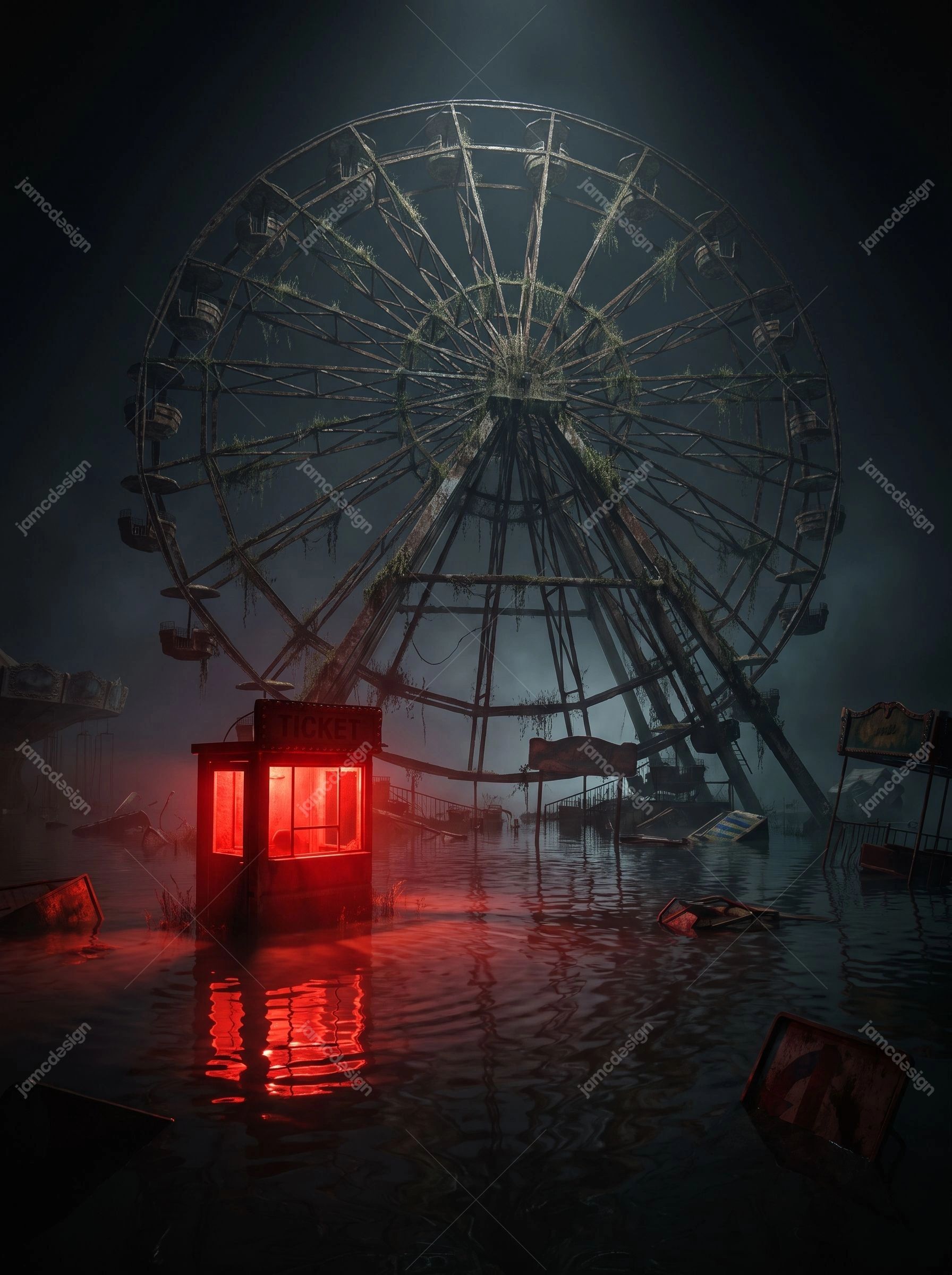 Flooded Abandoned Carnival Night Red Lit Ferris Wheel Background. JPG background showing a flooded abandoned carnival at night