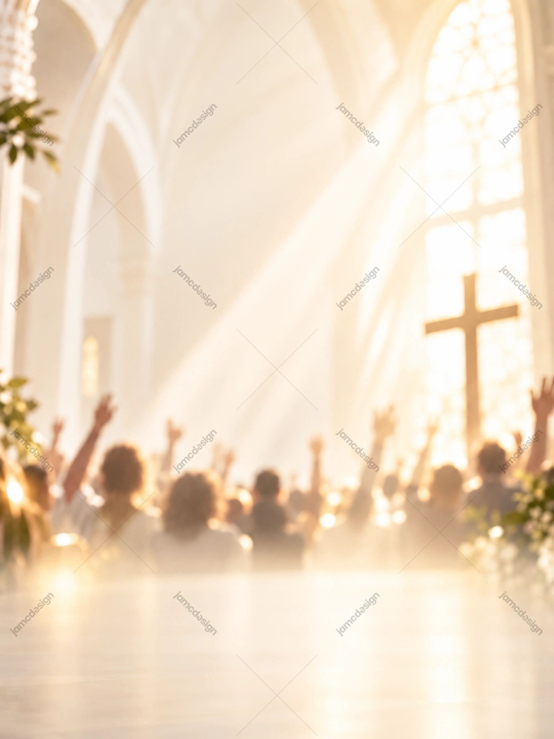 Golden Light Church Worship Background. This PNG background shows a church crowd with raised hands and a prominent cross