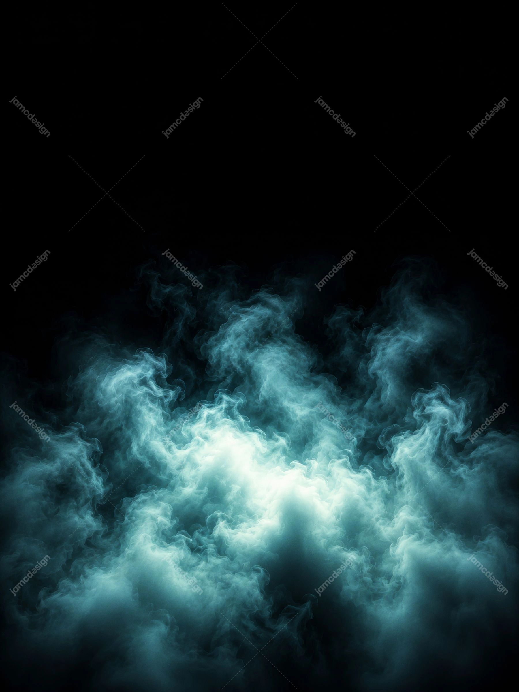 Bright Teal Smoke Clouds Dark Background Vertical Cyan Vapor Glow. This JPG overlay texture shows luminous teal smoke clouds billowing across a nearly black