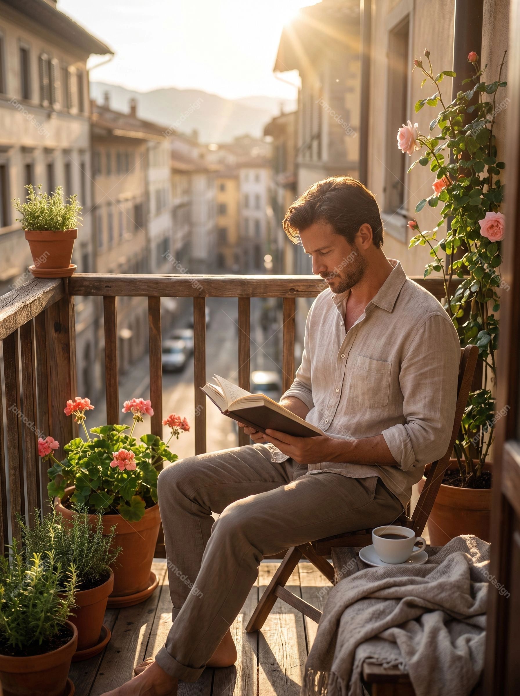 Man Reading Book On Cozy Balcony At Golden Hour. JPG photo of a man reading a book on a flower filled balcony overlooking a sunlit city
