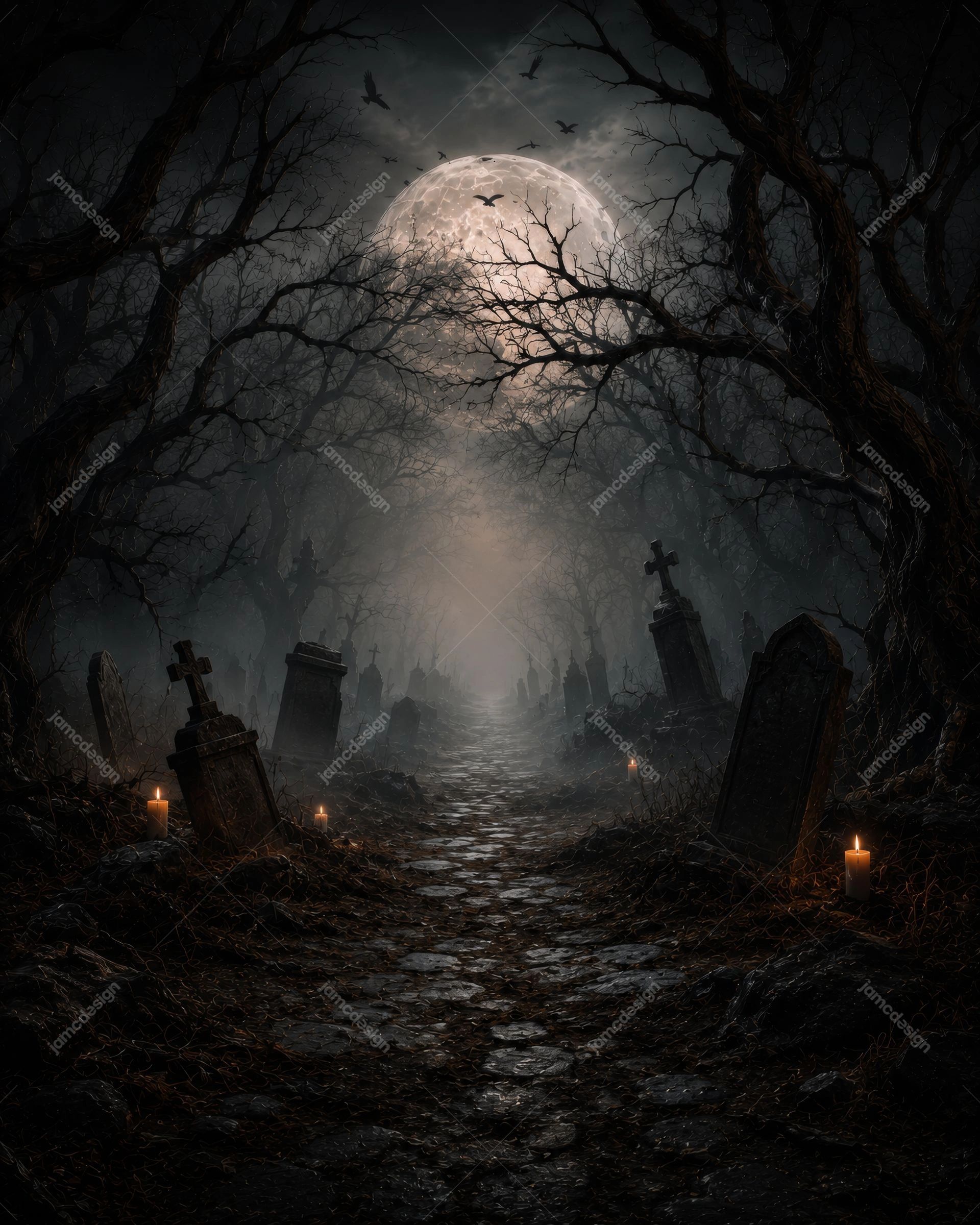 Dark Graveyard Path Full Moon Halloween Background. JPG background showing a moonlit graveyard path beneath tangled trees, with crosses, headstones