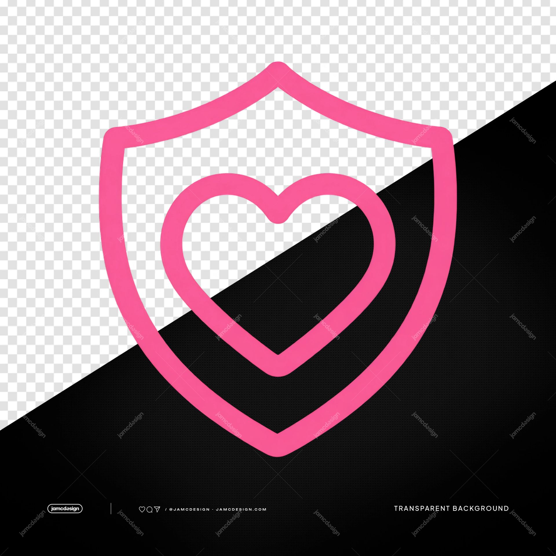 Pink Shield With Heart Icon PNG. This PNG transparent object features a bright pink outline shield enclosing a heart, rendered as a smooth, simple icon