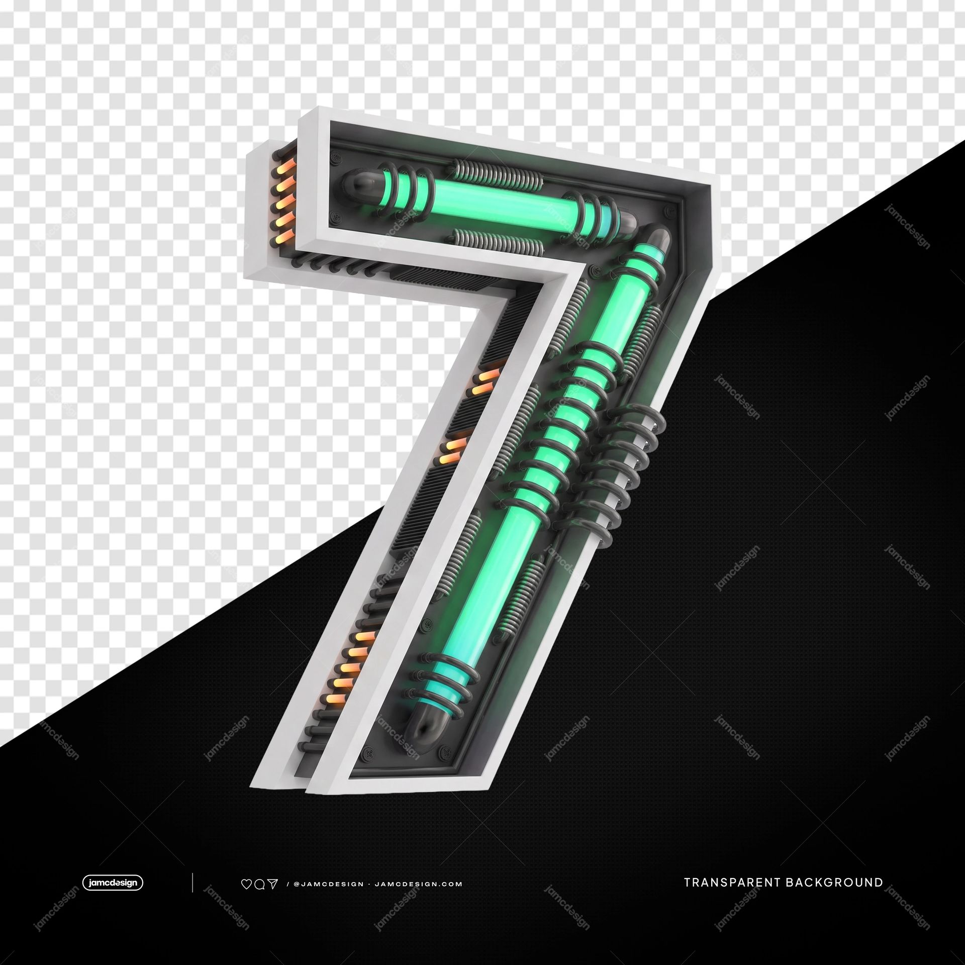 3D Futuristic Industrial Neon Number 7 PNG Transparent Background. PNG of a 3D futuristic industrial number 7