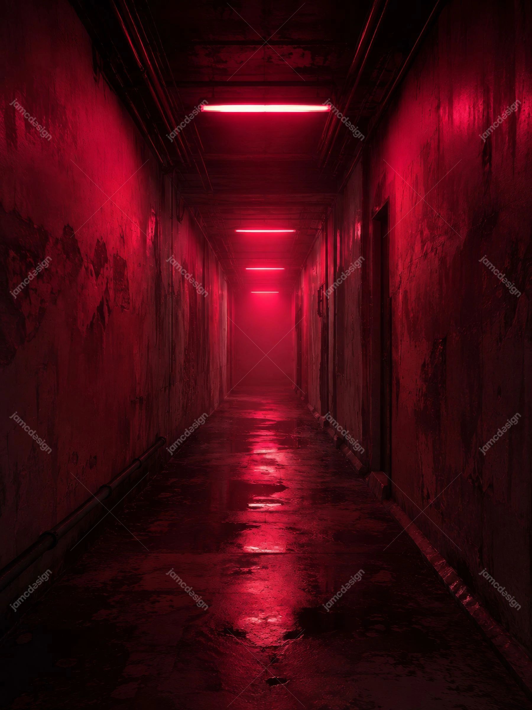 Neon Red Horror Hallway Reflective Corridor Background. This JPG background shows a narrow horror hallway with distressed dark walls