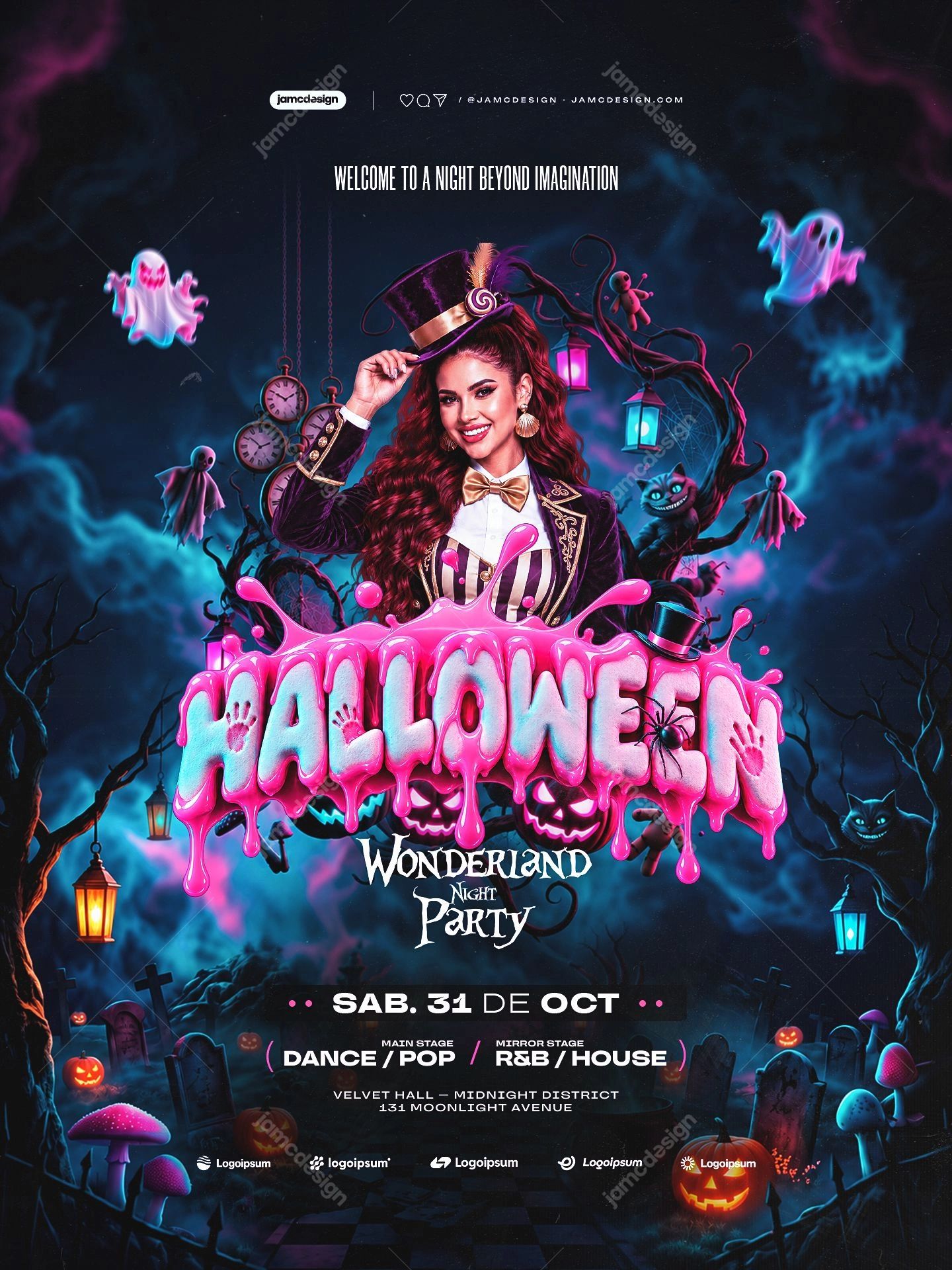 Halloween Party Flyer PSD With Ghosts And Lanterns. Download this editable PSD event flyer for a Halloween party