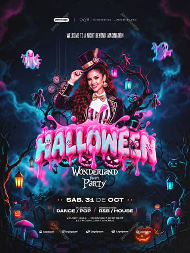 Halloween Party Flyer PSD With Ghosts And Lanterns