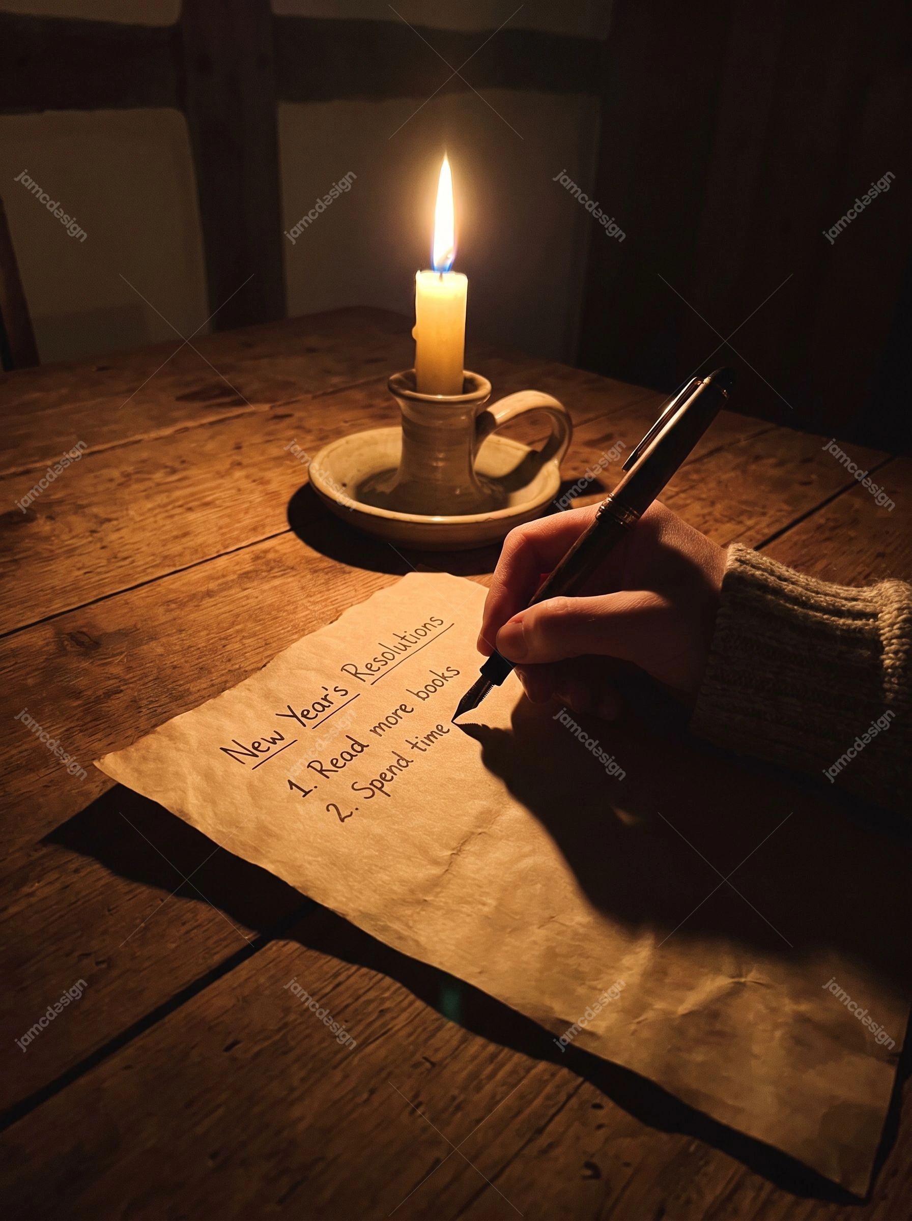 Handwriting New Year's Resolutions By Candlelight. Download this JPG photo showing a hand writing personal resolutions on paper at a rustic wooden table