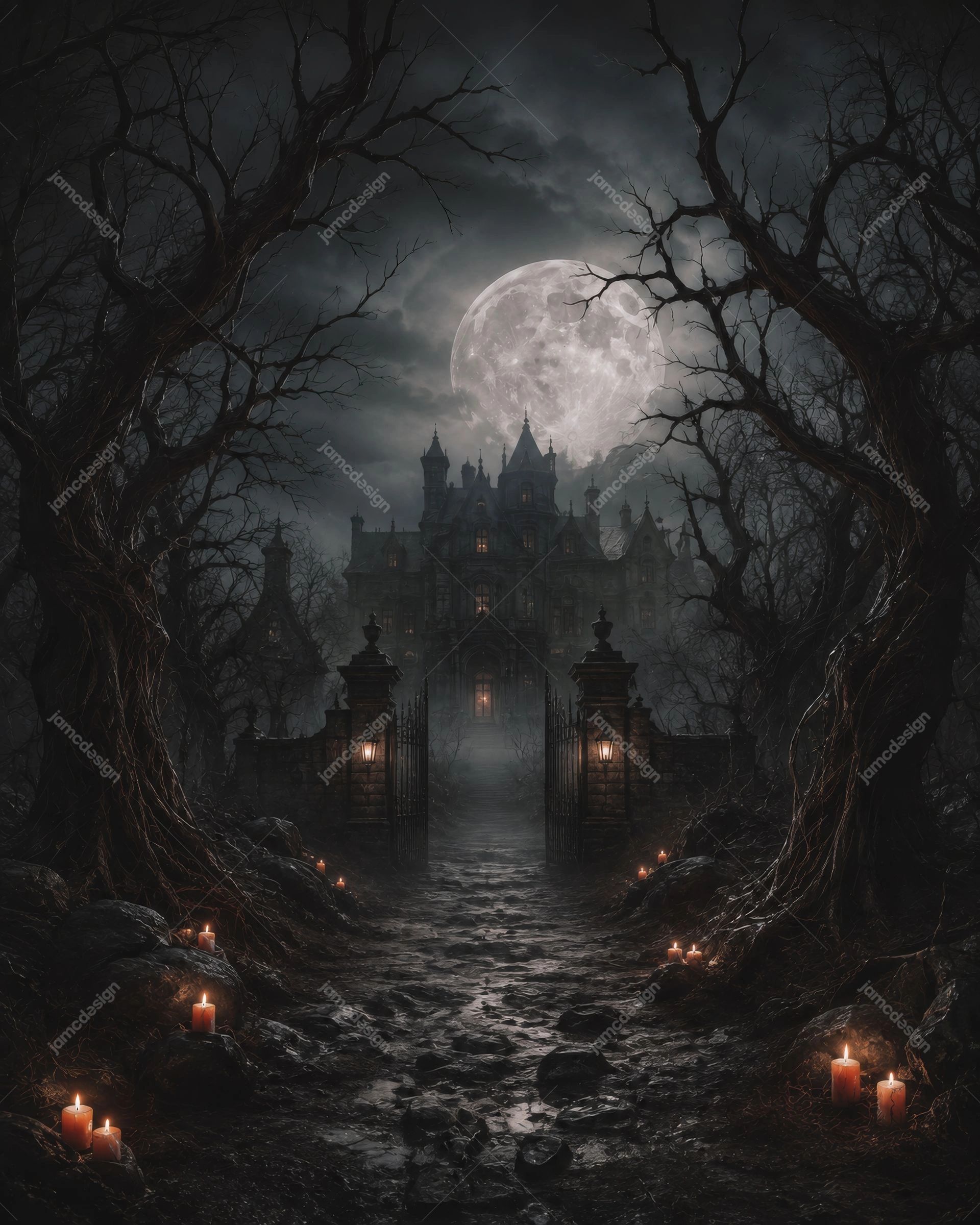 Haunted Mansion Path Full Moon Halloween Background. JPG background depicting a dark forest path leading to a gothic mansion beneath a full moon