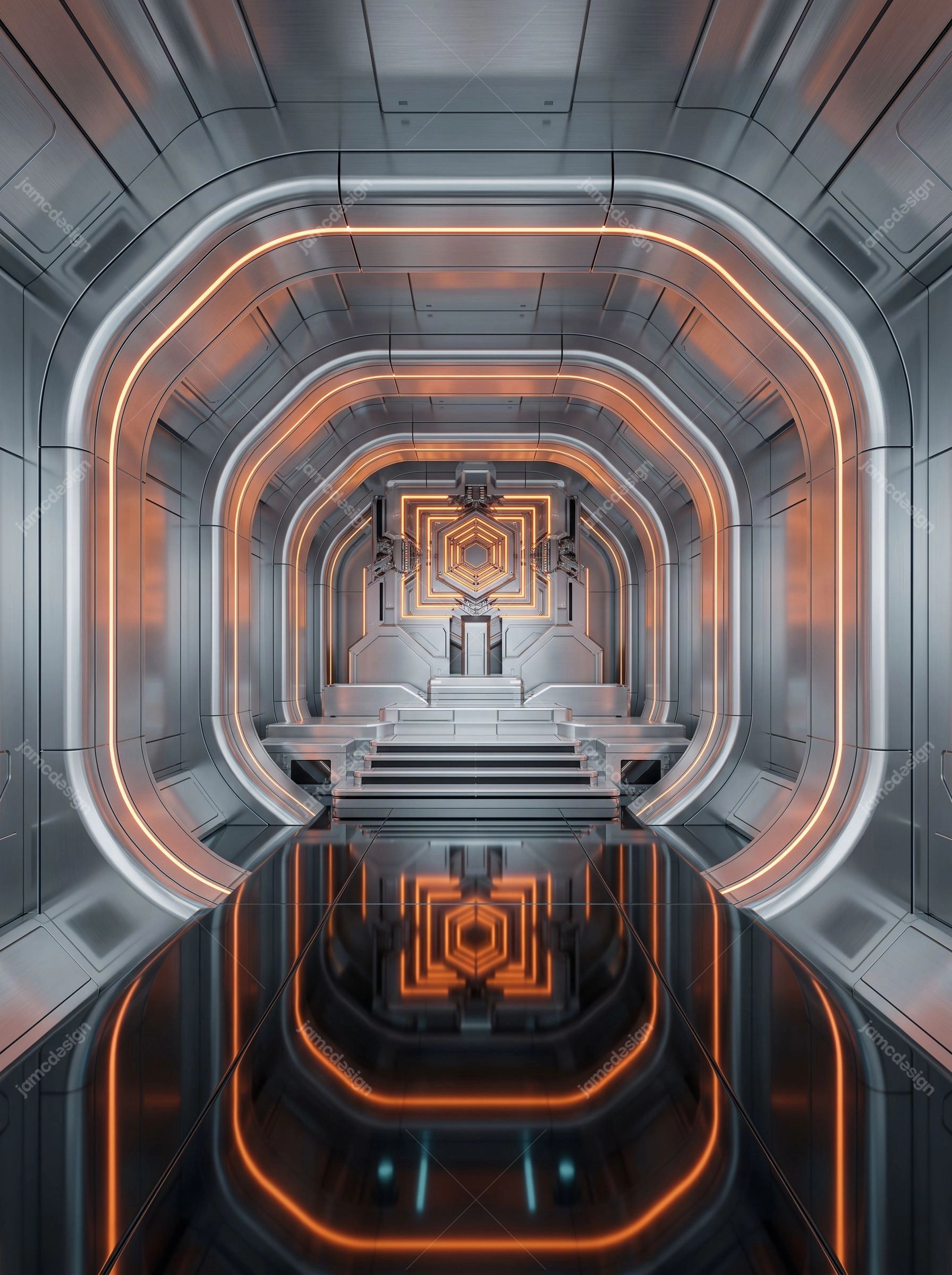Silver Futuristic Tunnel With Orange Light Bands. Download this JPG background of a futuristic metallic corridor with glowing orange and white light bands