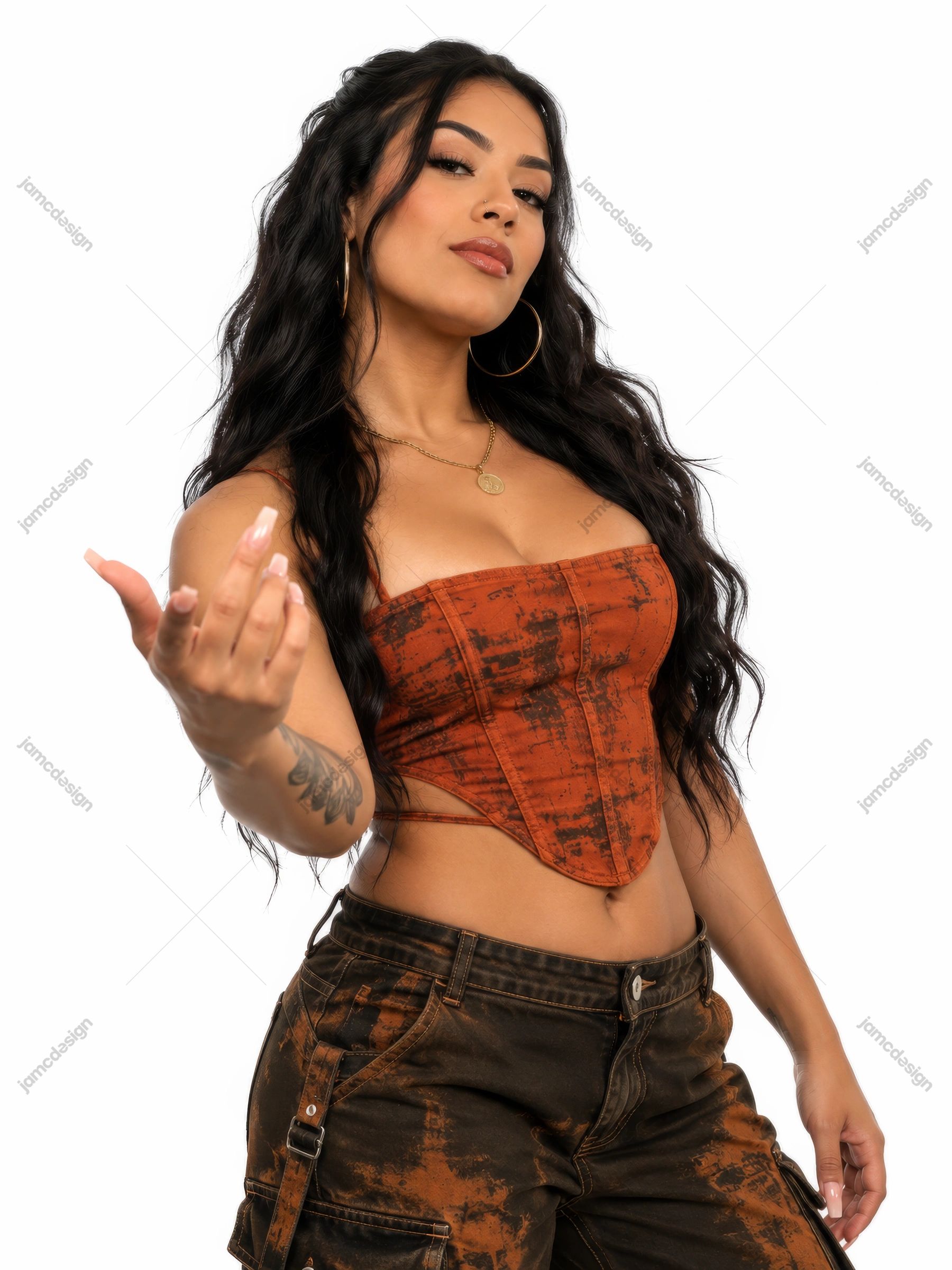 Woman In Rust Corset And Cargo Pants PNG. This PNG fashion photo shows a brunette model with long dark hair