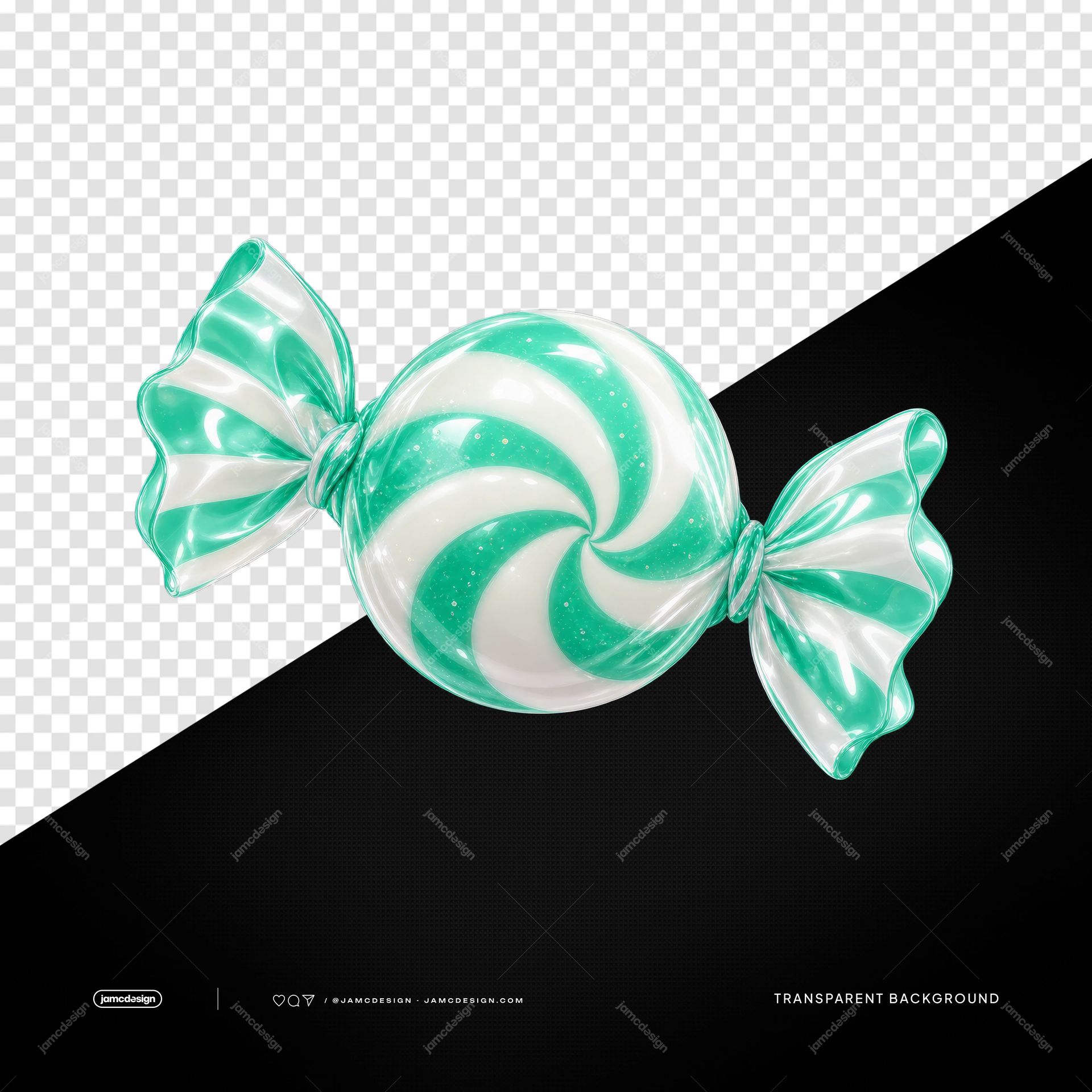 Green And White Swirl Wrapped Candy PNG. This transparent object PNG shows a glossy, realistic wrapped candy with mint green and white swirls and twisted ends