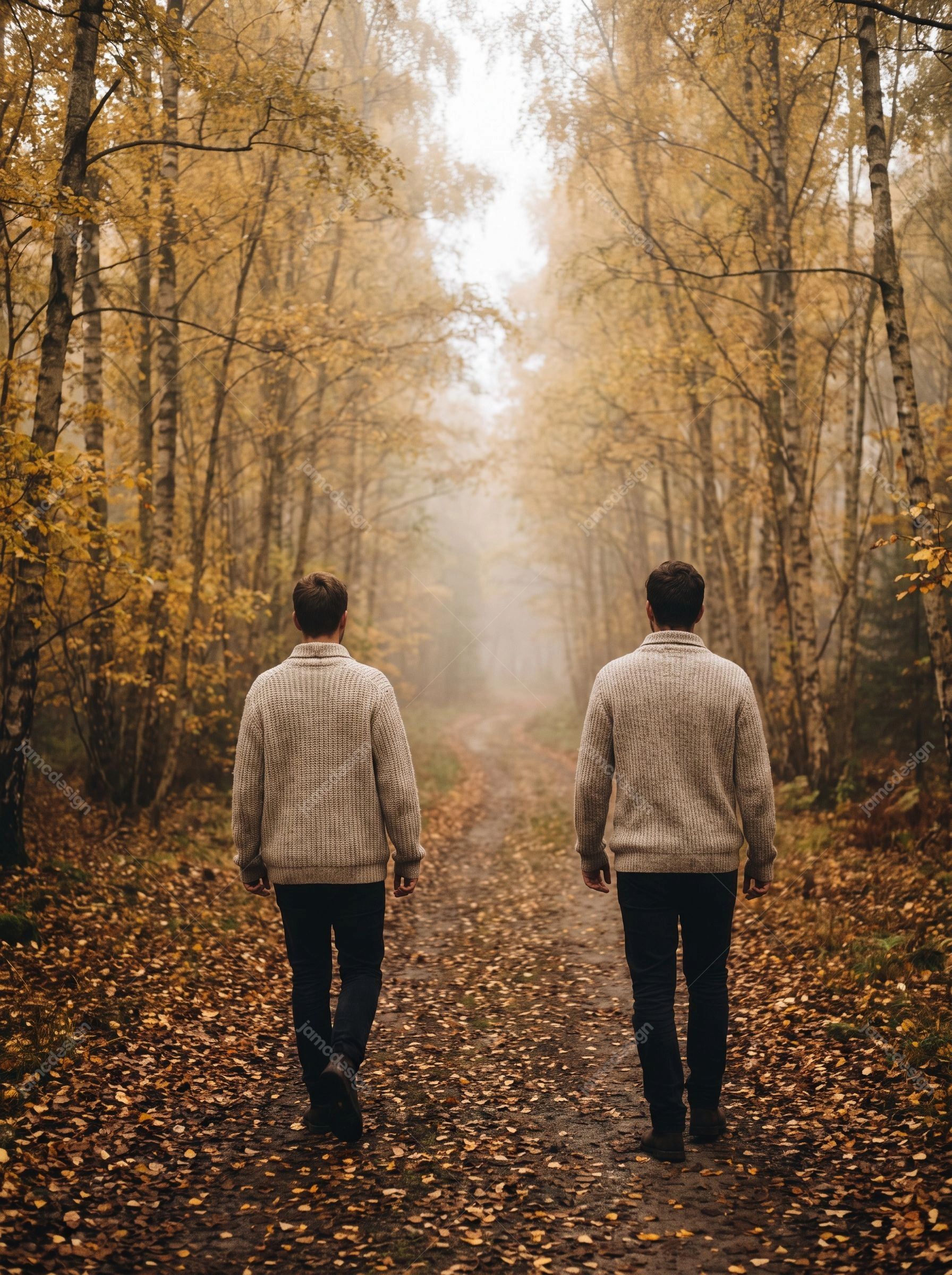Dois Homens Caminhando Por Uma Trilha Florestal Coberta De Folhas. Baixe esta foto em JPG de dois homens caminhando por uma trilha florestal coberta de folhas