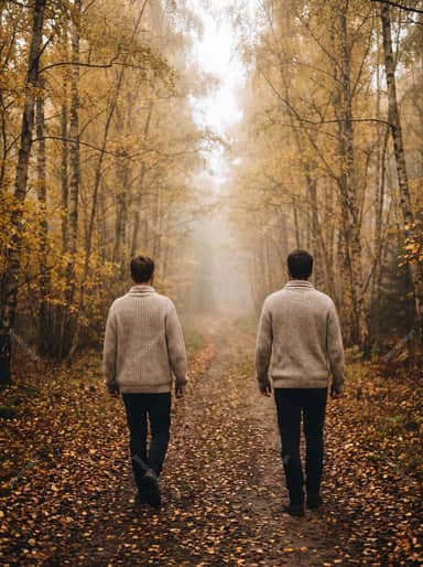 Two Men Walking Along A Leaf Covered Forest Path
