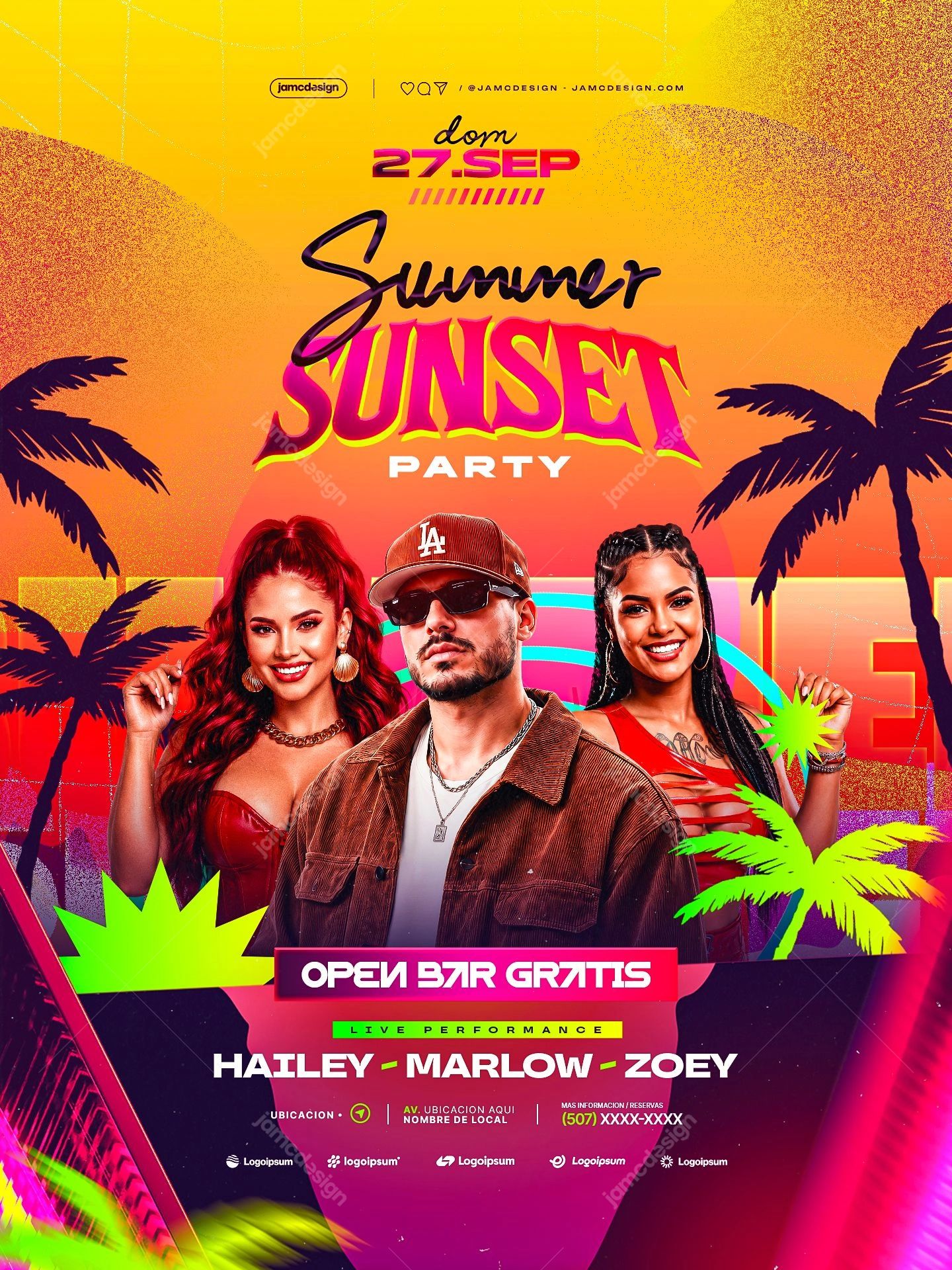 Tropical Palm Summer Party Flyer PSD. Editable PSD event flyer for a vivid summer sunset party, featuring tropical palm silhouettes