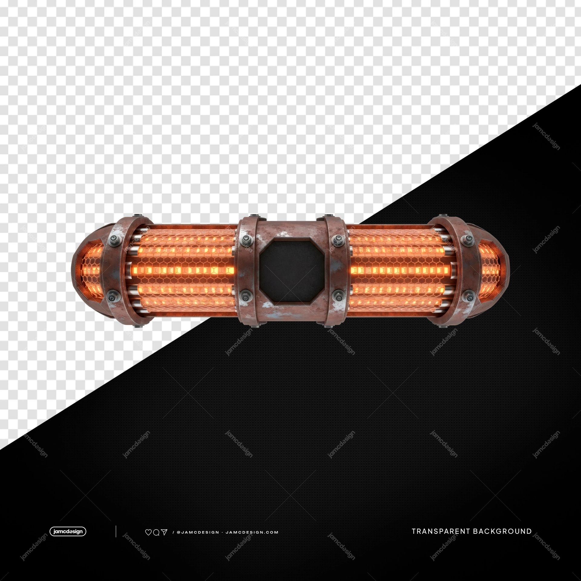 Industrial Orange Horizontal LED Tube PNG Transparent. Industrial orange LED tube supplied as a transparent PNG object, featuring a cylindrical metal casing