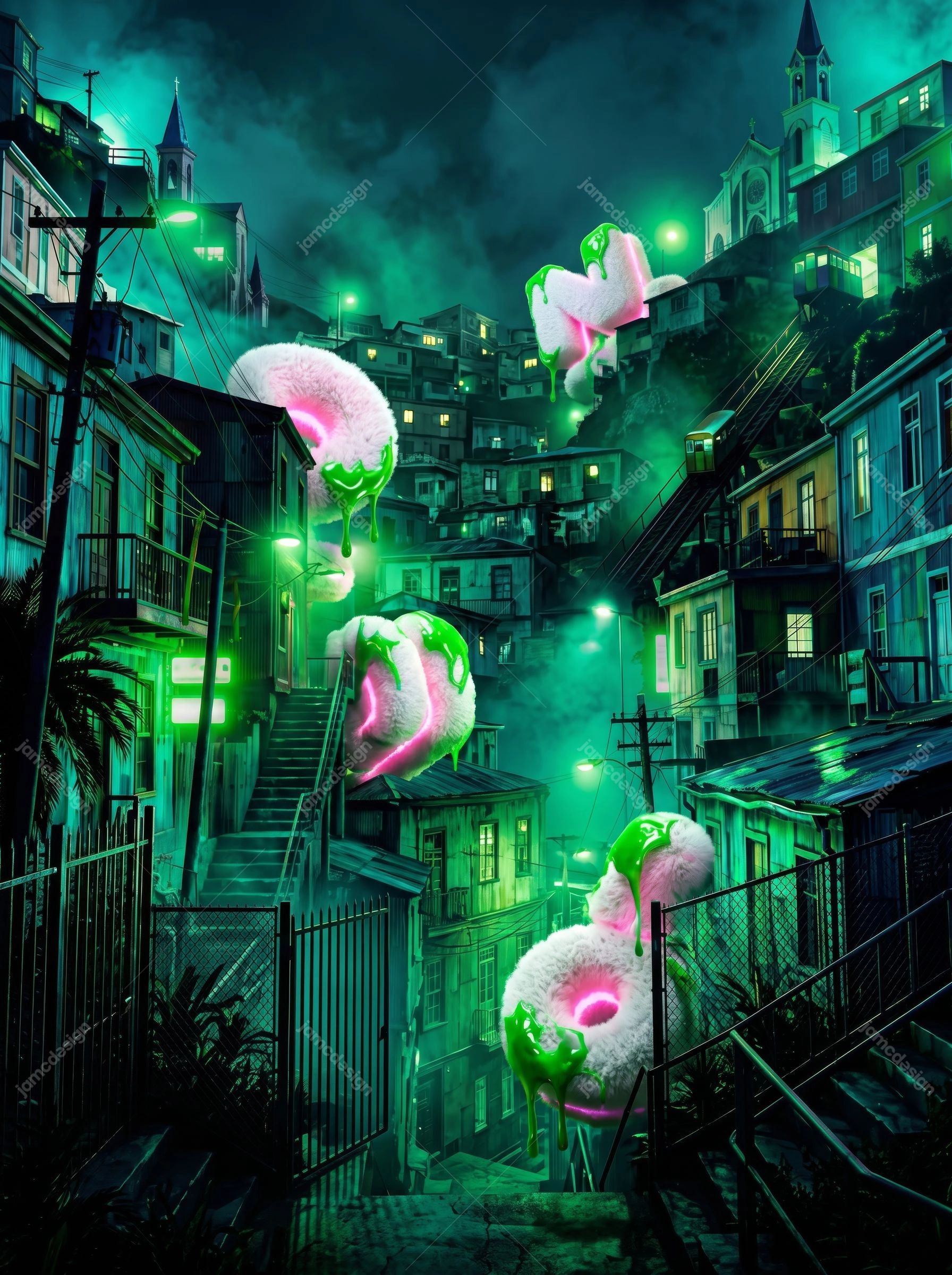 Neon Green Alley With Slime Creatures Background. This JPG background depicts an urban alley filled with glowing green lights