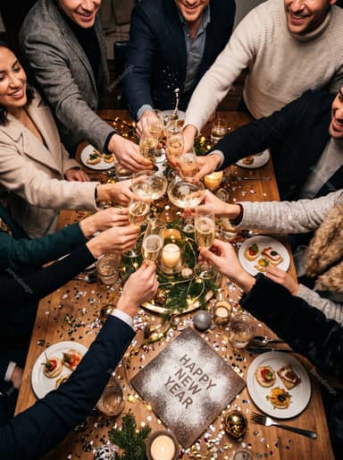 Champagne Glasses Clinking At New Year Celebration