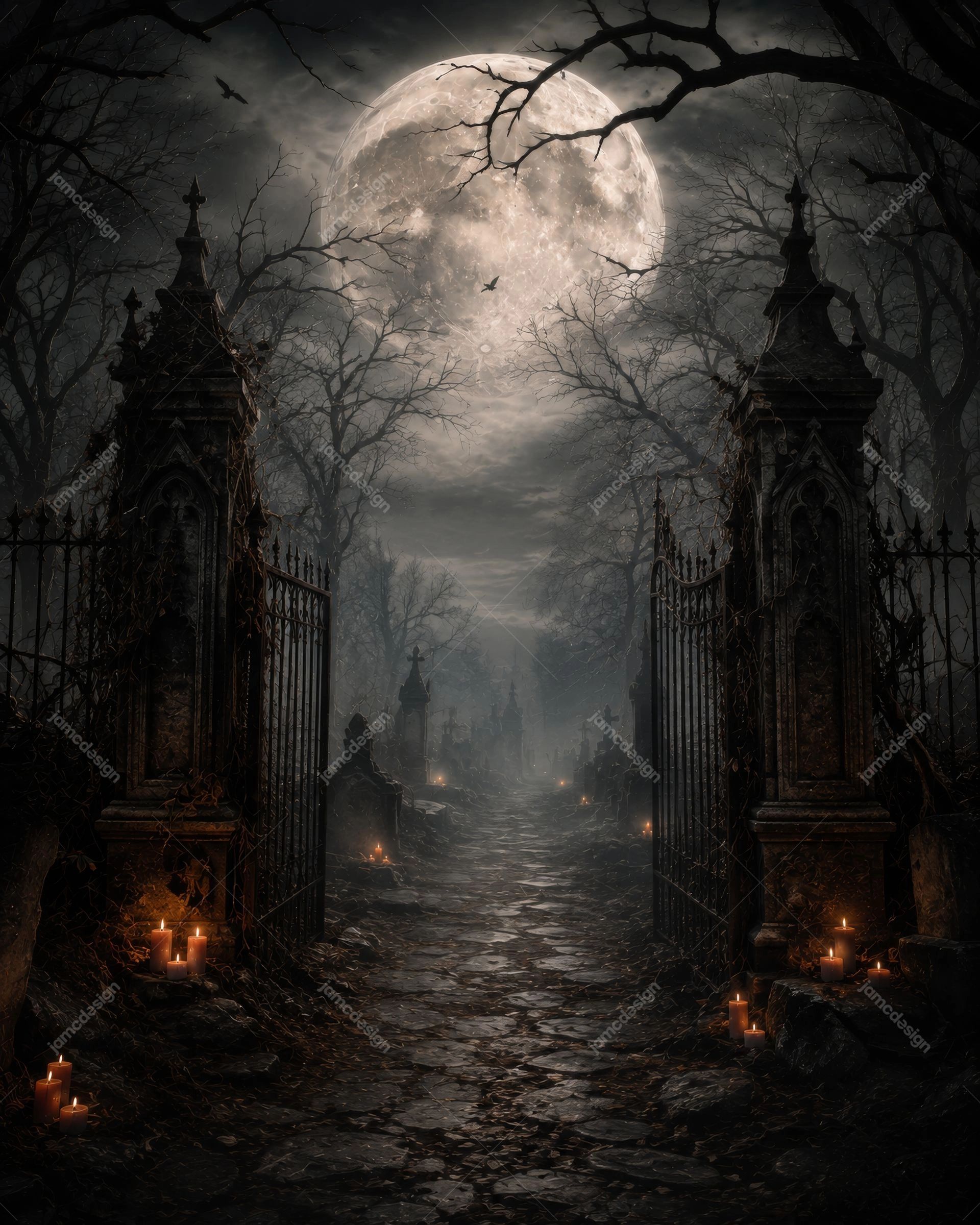 Gothic Graveyard Gate Full Moon Halloween Background. JPG background showing a gothic graveyard gate beneath a full moon, with bare trees, mist