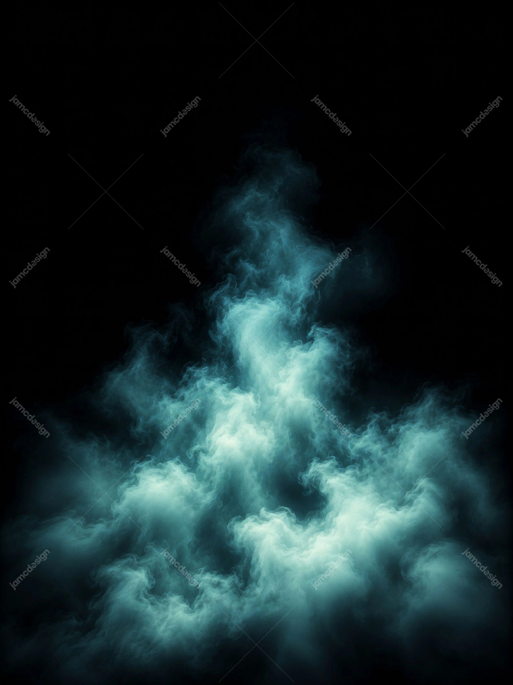 Glowing Teal Smoke Mountain Dark Background Vertical Luminous Vapor. JPG overlay texture featuring billowing teal smoke rising against a nearly black field