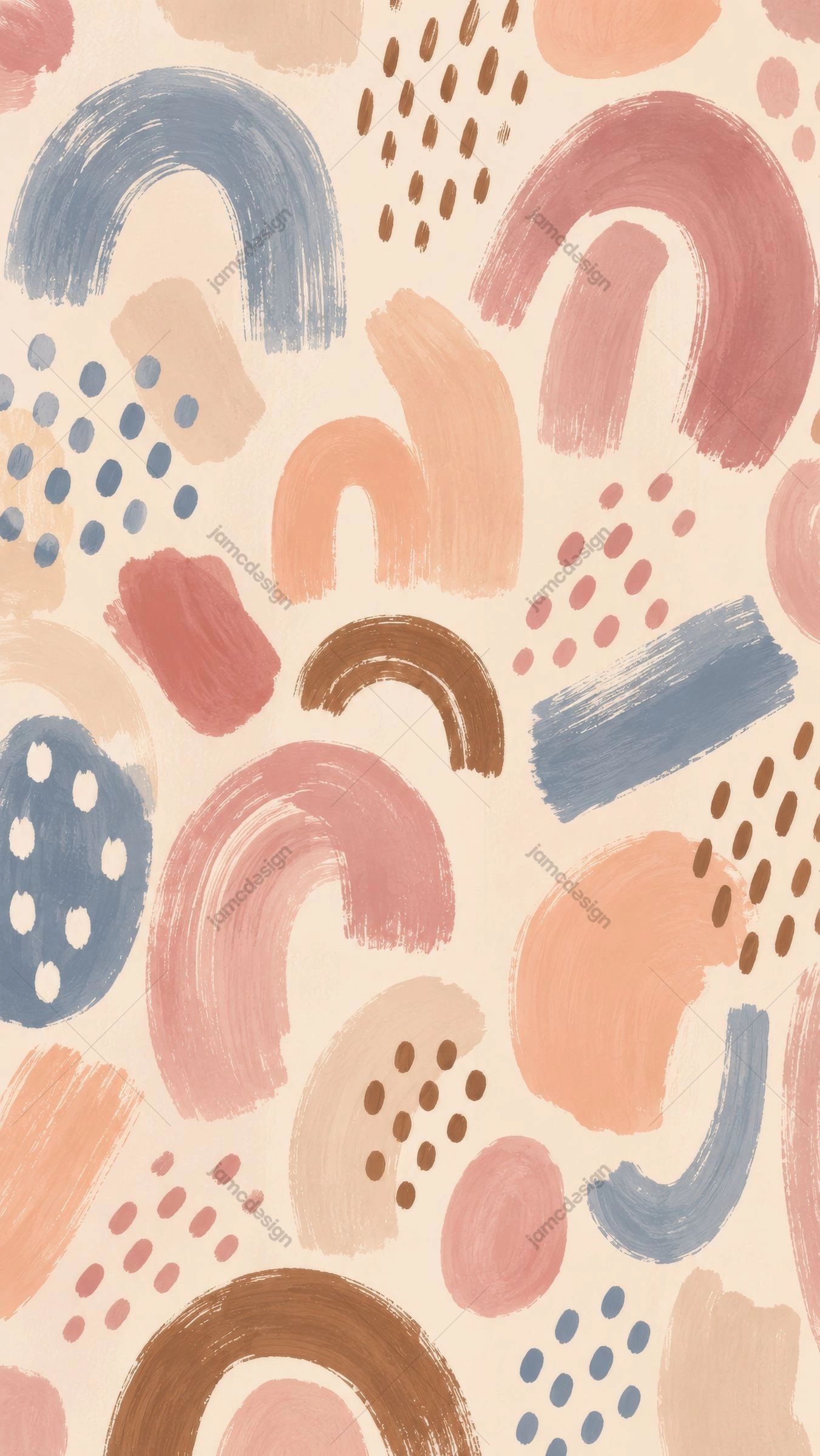 Boho Abstract Brush Shapes Pattern Background. JPG abstract pattern featuring hand painted brush arches, dashes and organic blocks in muted blue, peach