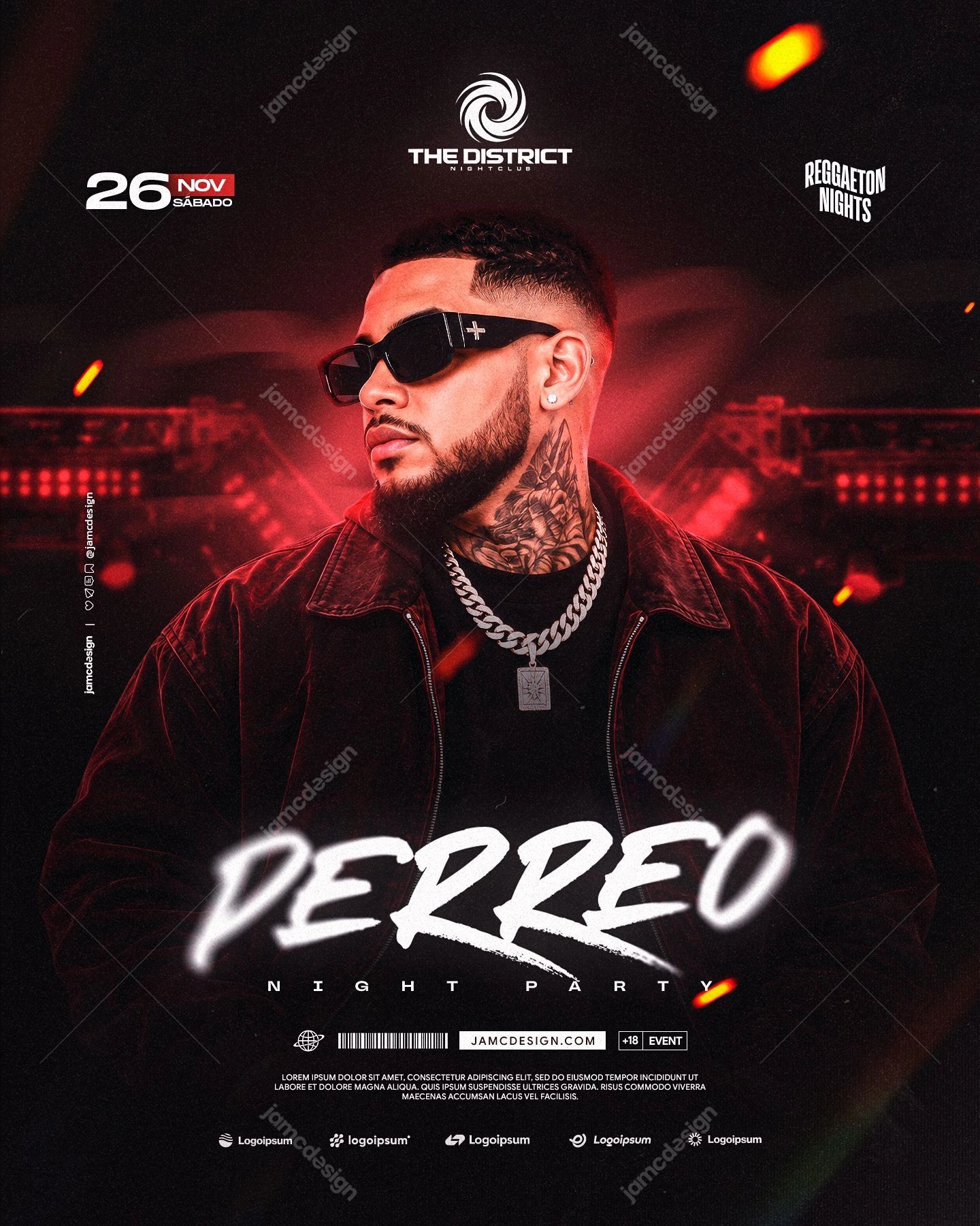 Perreo Night Party Flyer Template PSD. Download this editable PSD event flyer template featuring a man in sunglasses and layered jewelry against dark red
