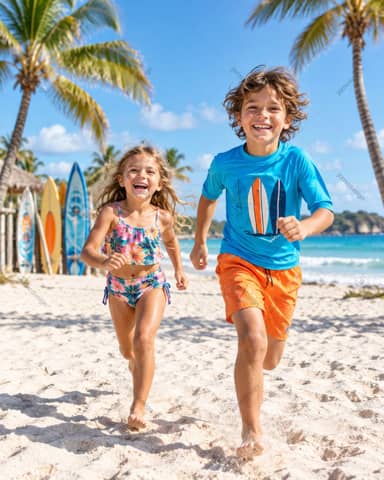 Photo Of Children Running Along A Sunny Tropical Beach