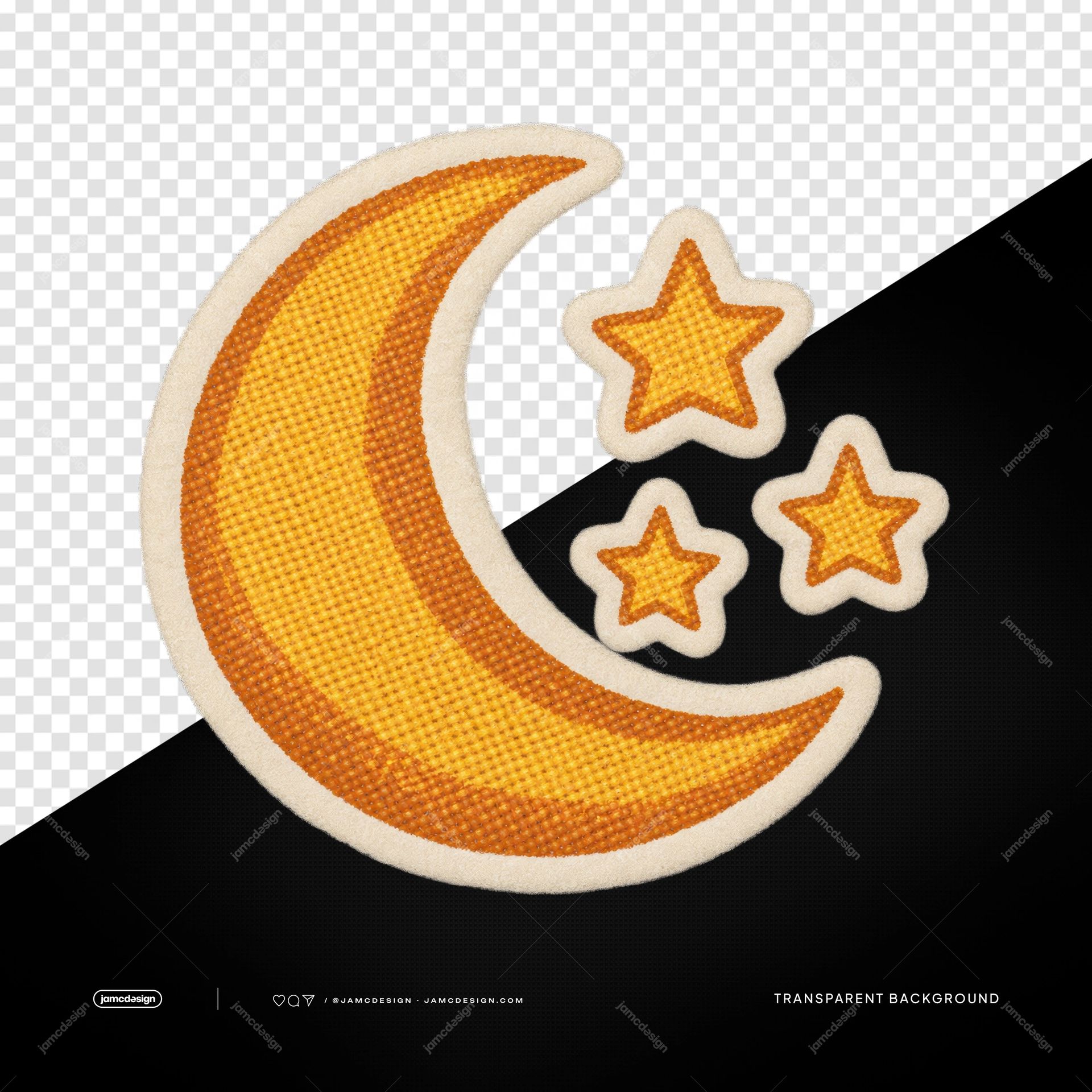 Parche Bordado De Luna Creciente Y Estrellas PNG. Este objeto PNG transparente muestra una luna creciente y tres estrellas como parches bordados de color