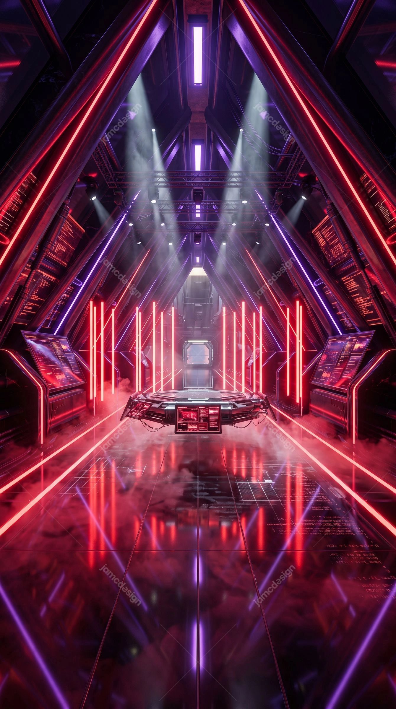 Futuristic Red And Purple Neon Corridor Background. Download this JPG background showing a futuristic neon corridor with geometric red and purple light strips