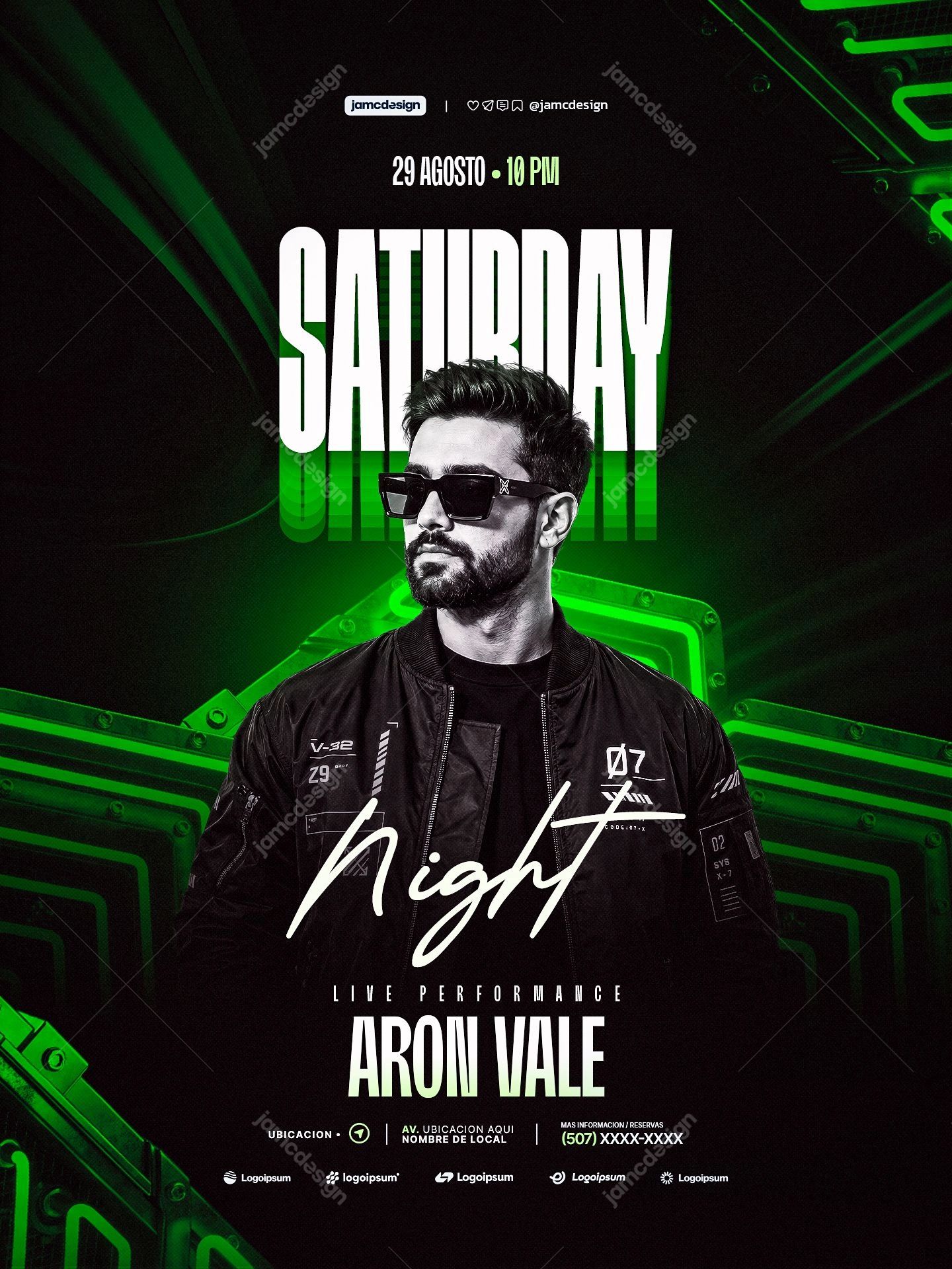 Saturday Night Green Neon Portrait Flyer PSD. Editable PSD event flyer template for a Saturday night music performance