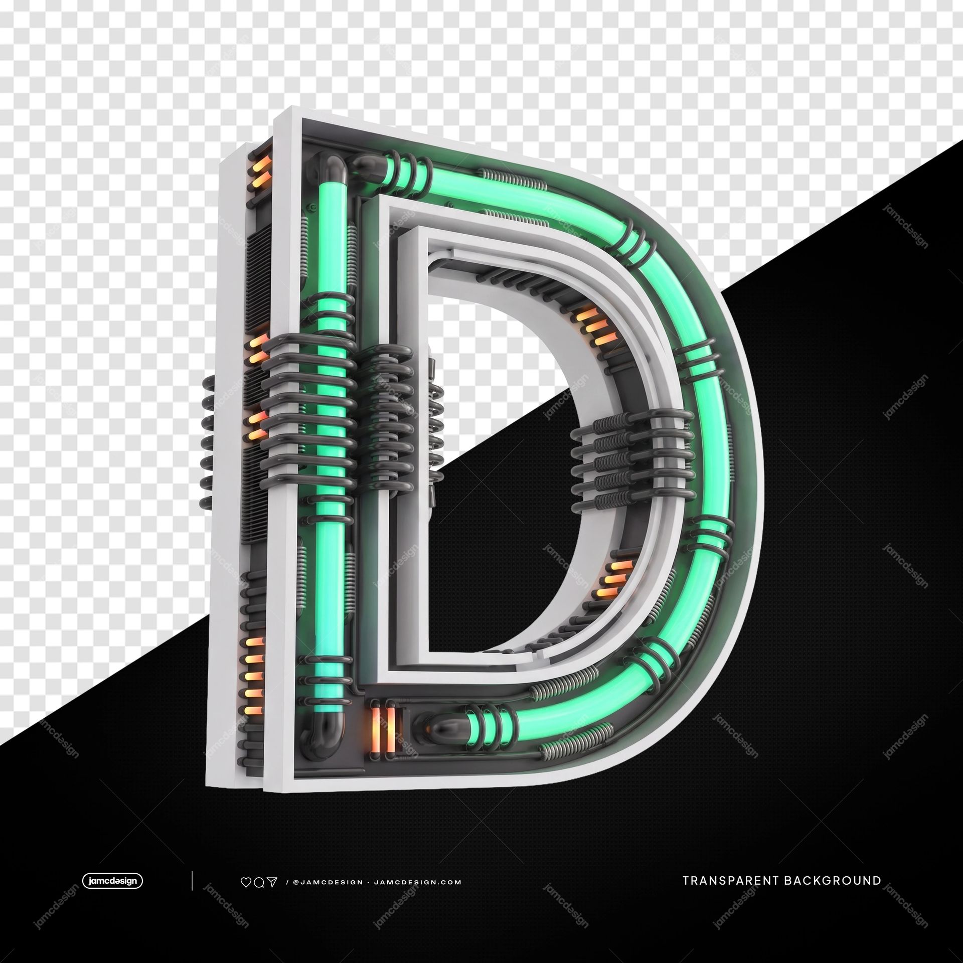 3D Futuristic Industrial Neon Letter D PNG Transparent Background. PNG transparent object of a 3D industrial letter D with a silver metallic frame