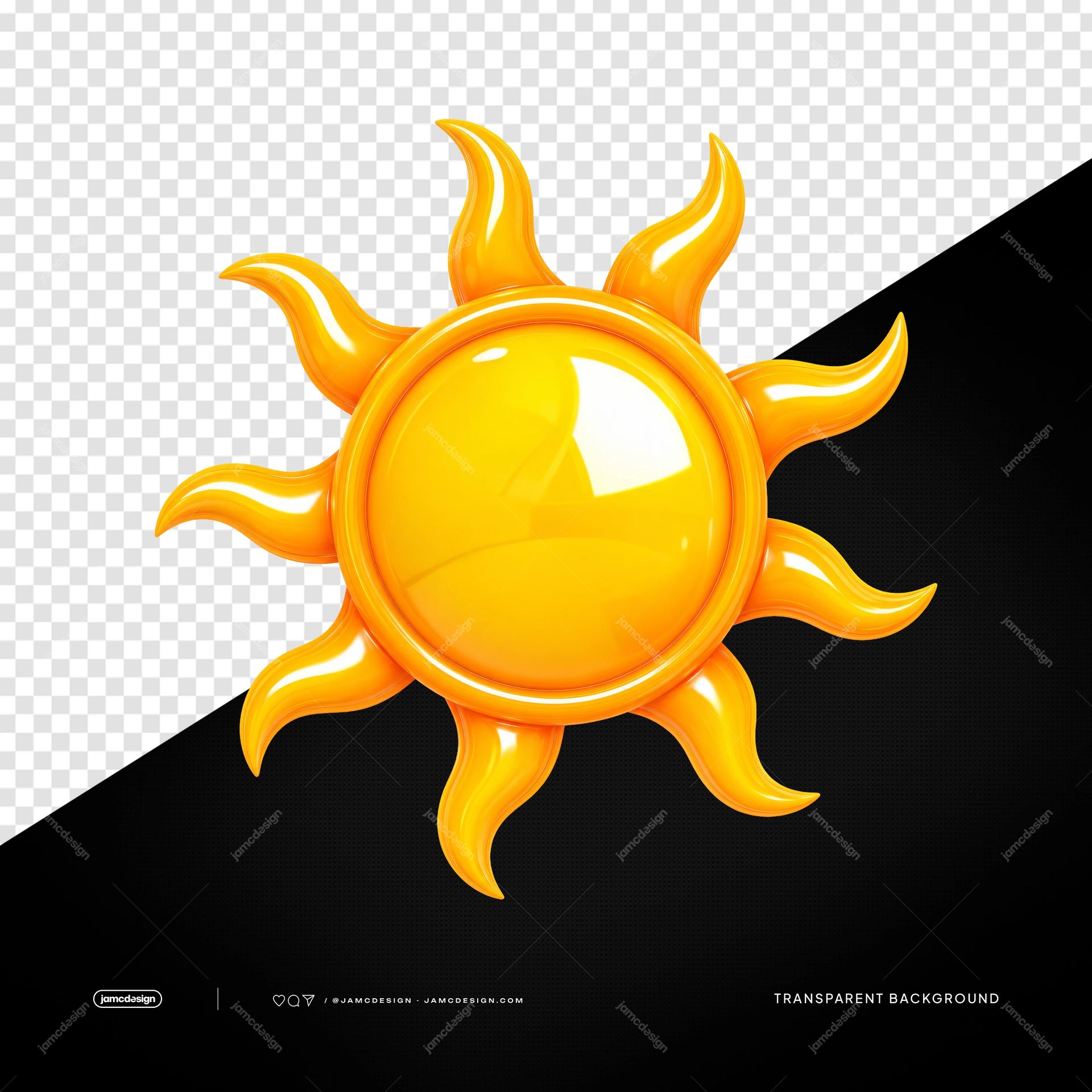 3D Golden Sun Symbol PNG Transparent Background. Glossy 3D golden sun symbol supplied as a PNG object on a transparent background