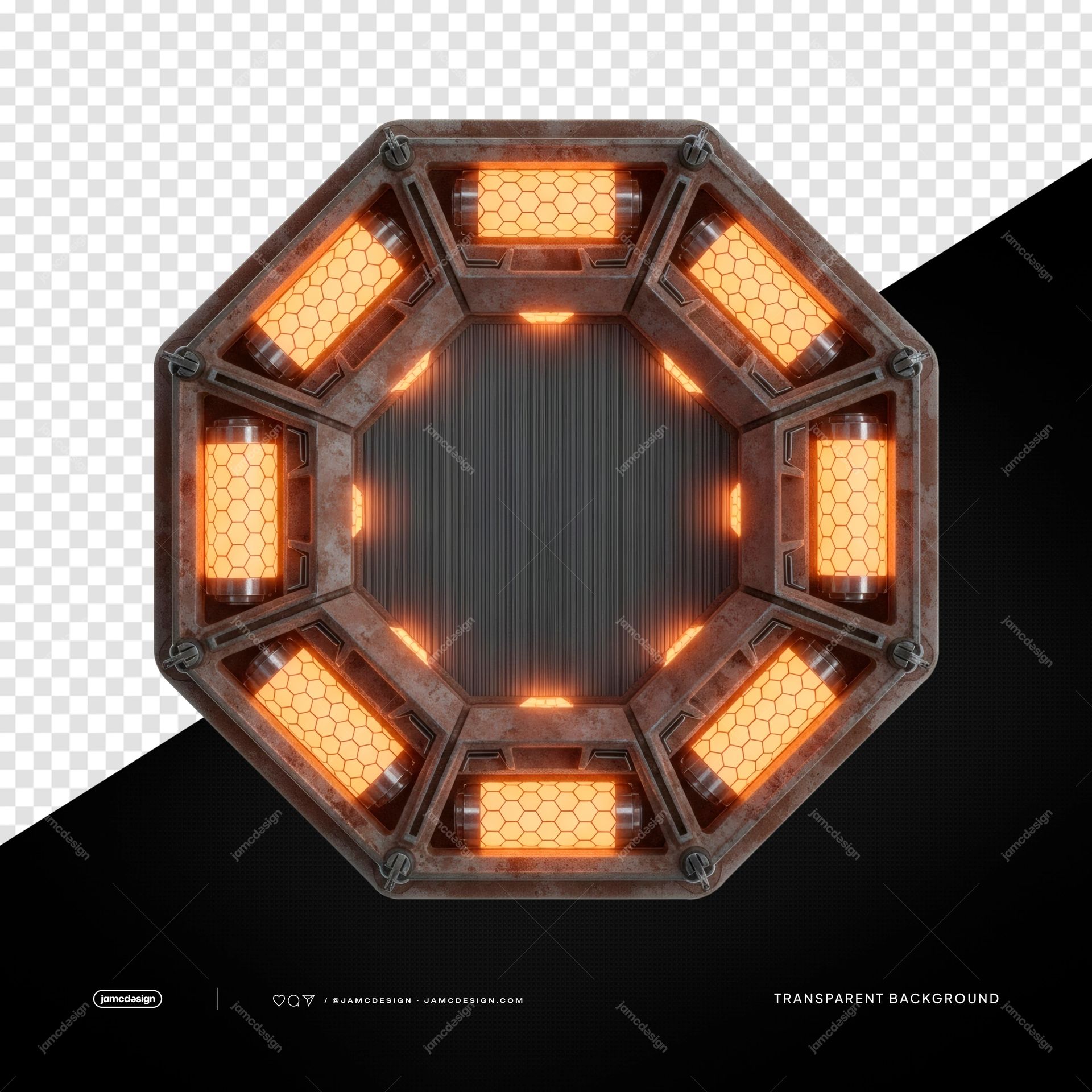 Moldura LED Octogonal Com Centro Aberto PNG Transparente. Objeto transparente em PNG com uma moldura metálica octogonal de centro aberto