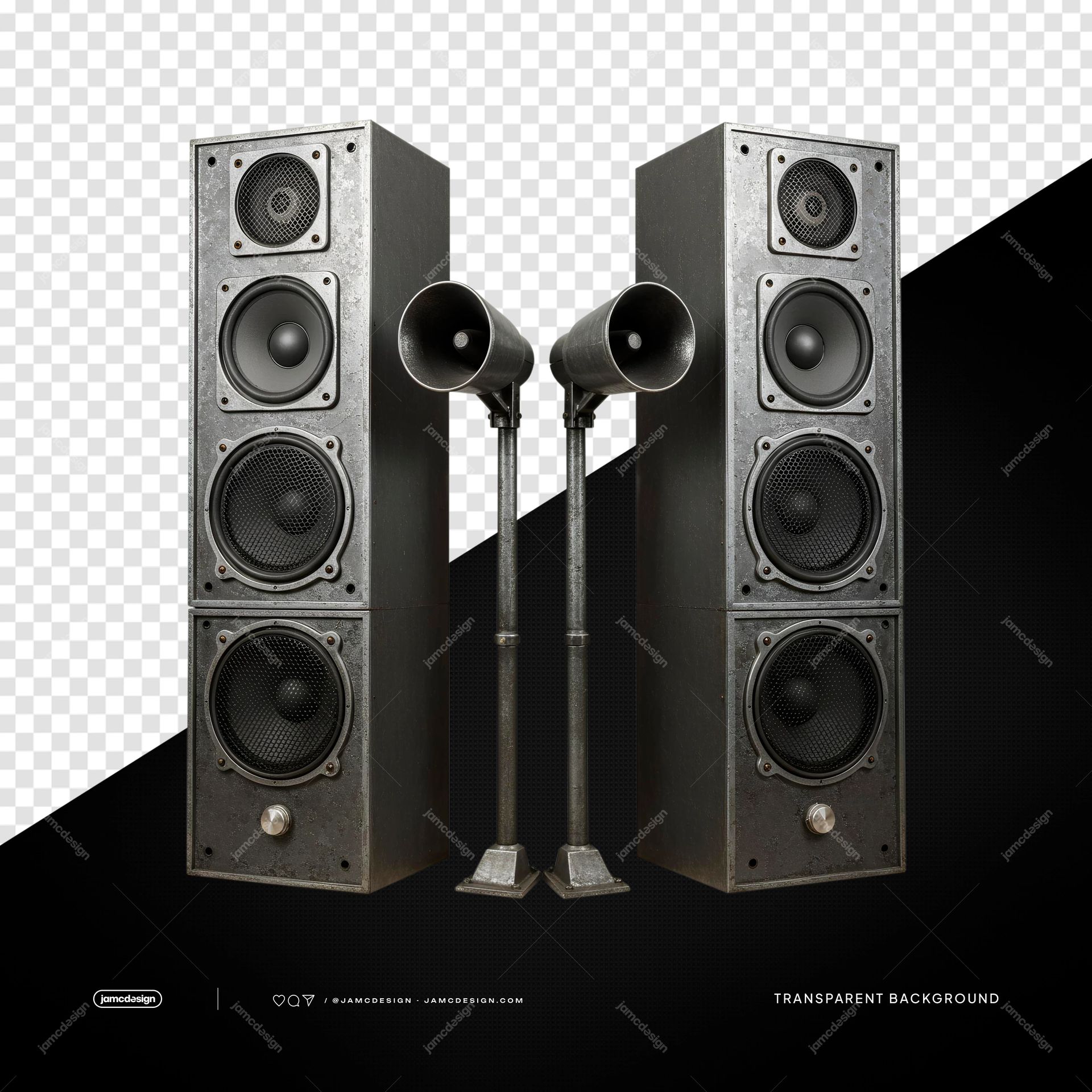 Vintage Silver Tower Speakers With Horns PNG Transparent. Vintage silver tower speakers with multiple woofers, tweeters and paired horn drivers
