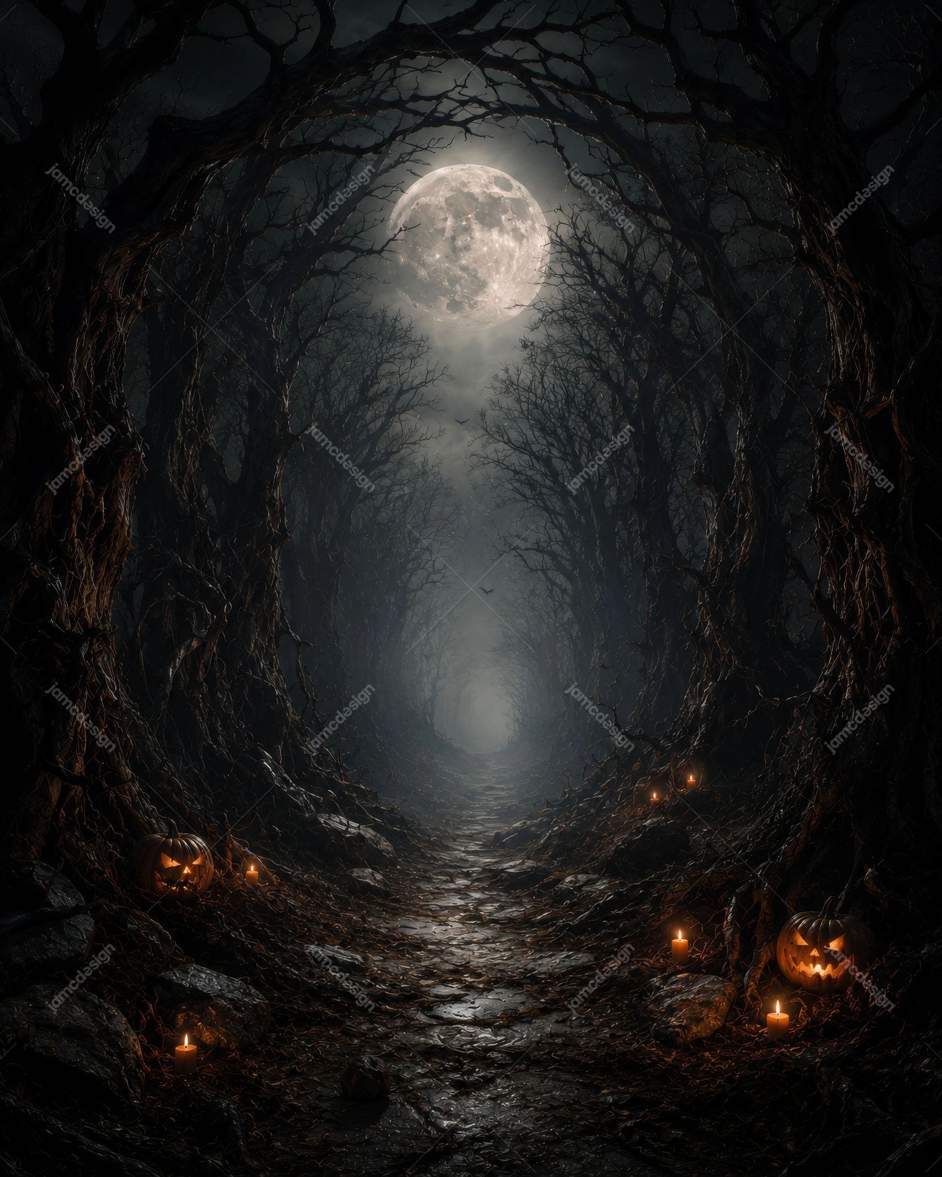 Gothic Cemetery Arch With Pumpkins Halloween Background. JPG background showing a dark gothic forest path framed by twisted trees, with a full moon