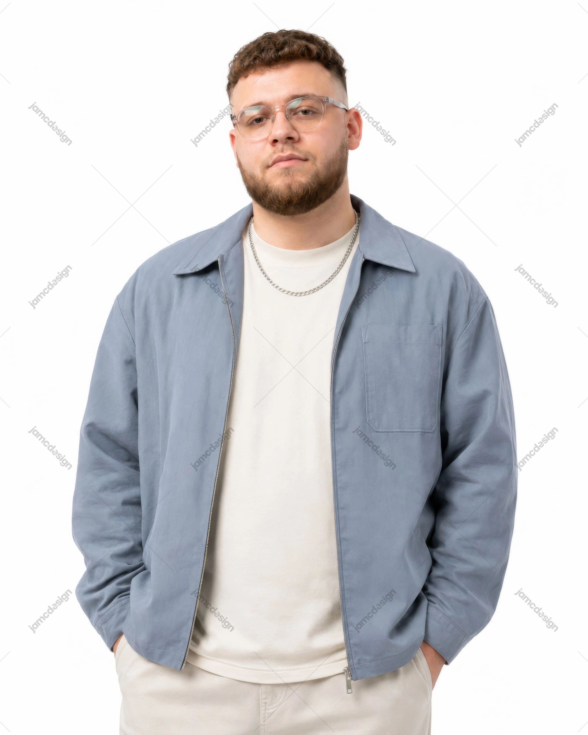 Male Artist Blue Jacket Studio Bearded Casual Figure Portrait JPG. This JPG photo presents a bearded man in glasses wearing a blue jacket over a light shirt