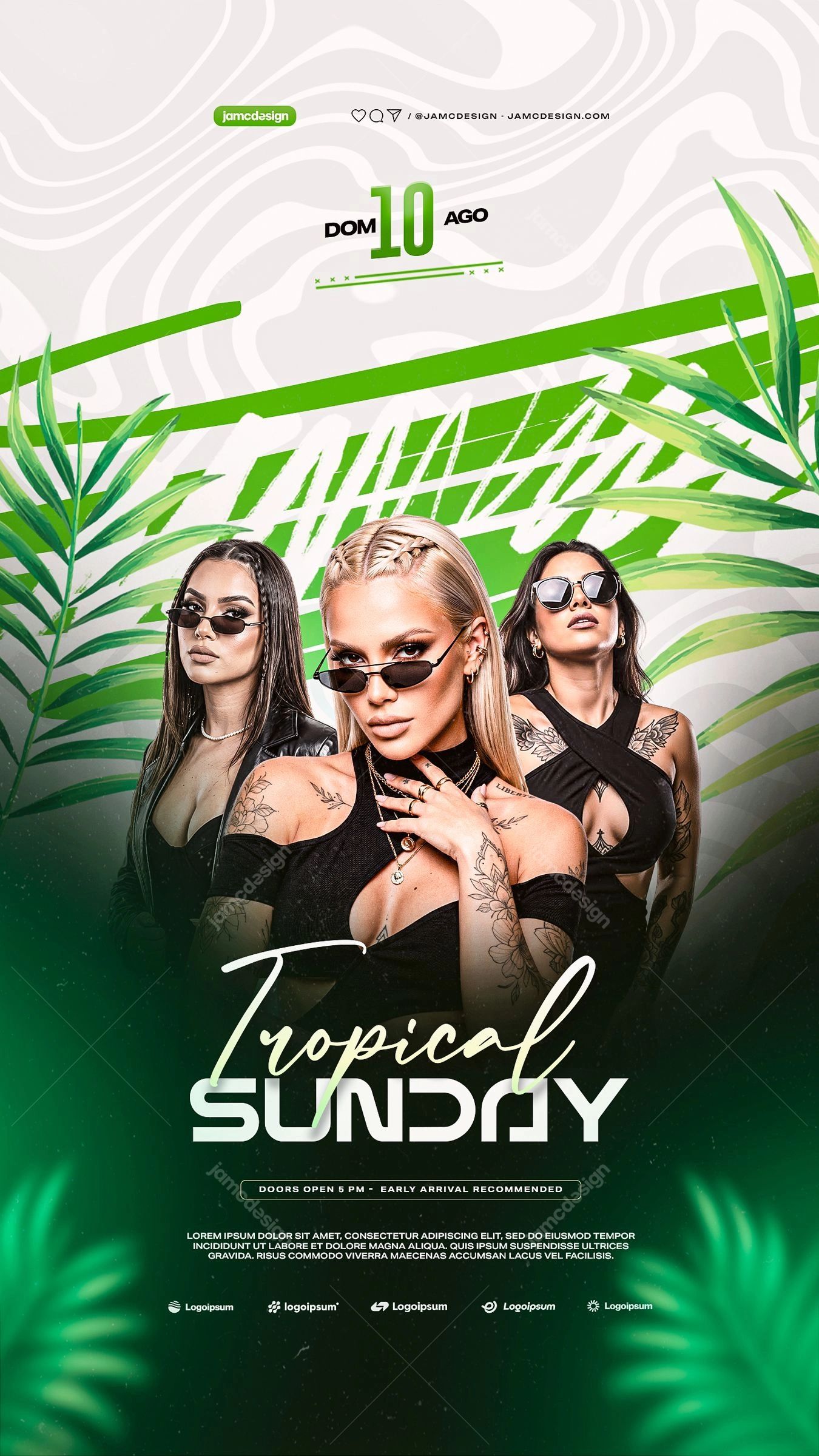 Modèle de Flyer Événement Stories Tropical Dimanche PSD Modifiable. Modèle PSD modifiable pour un flyer d'événement de week-end mettant en scène trois femmes