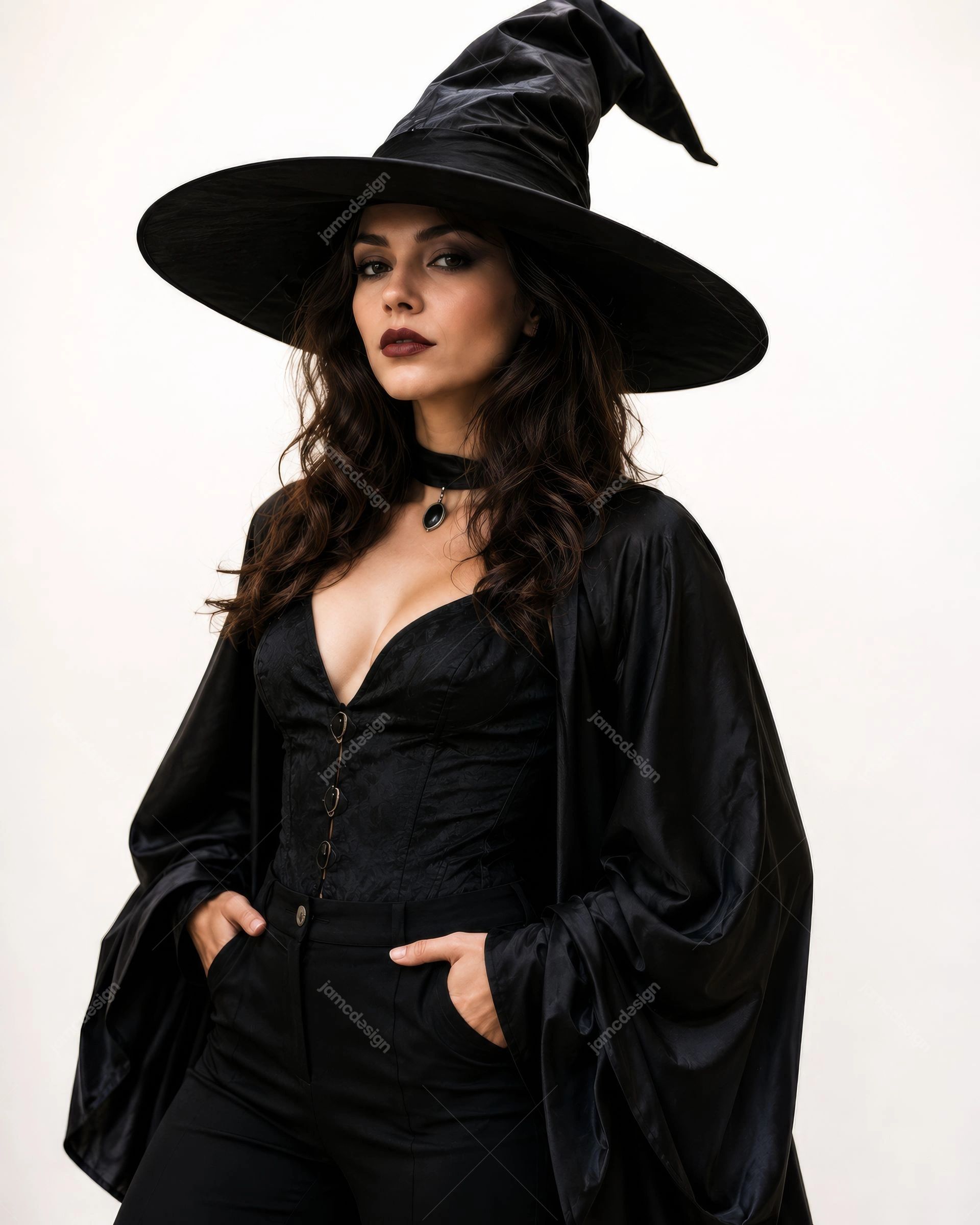 Foto De Retrato De Modelo Con Disfraz Elegante De Bruja Gótica Y Atuendo Negro. Una foto realista en JPG muestra a una mujer con sombrero negro de bruja