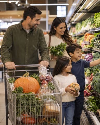 Family Grocery Shopping With A Full Cart