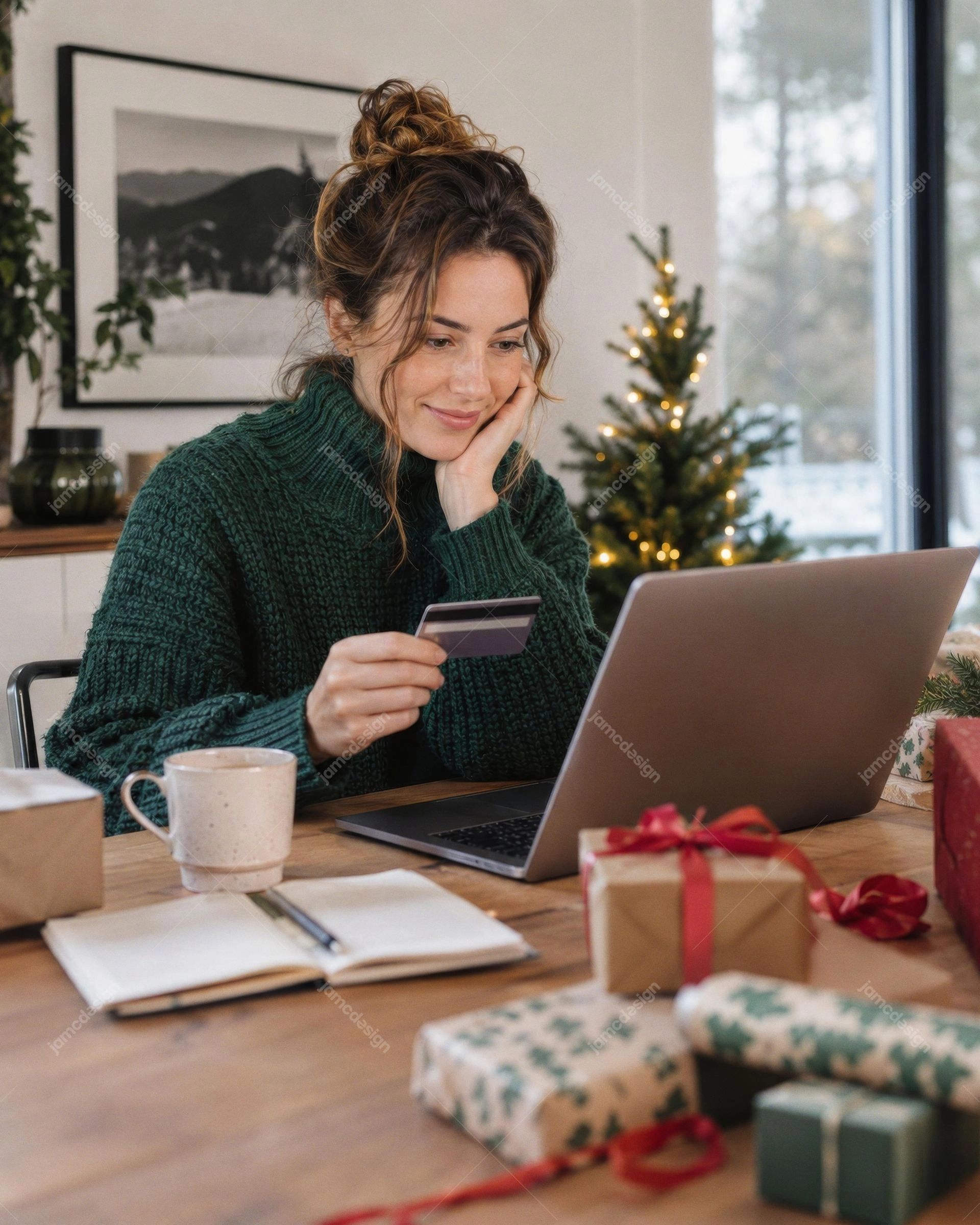 Compras Navideñas En Línea Con Portátil Y Tarjeta De Crédito. Esta foto realista en JPG muestra a una mujer comprando en línea con una tarjeta de crédito