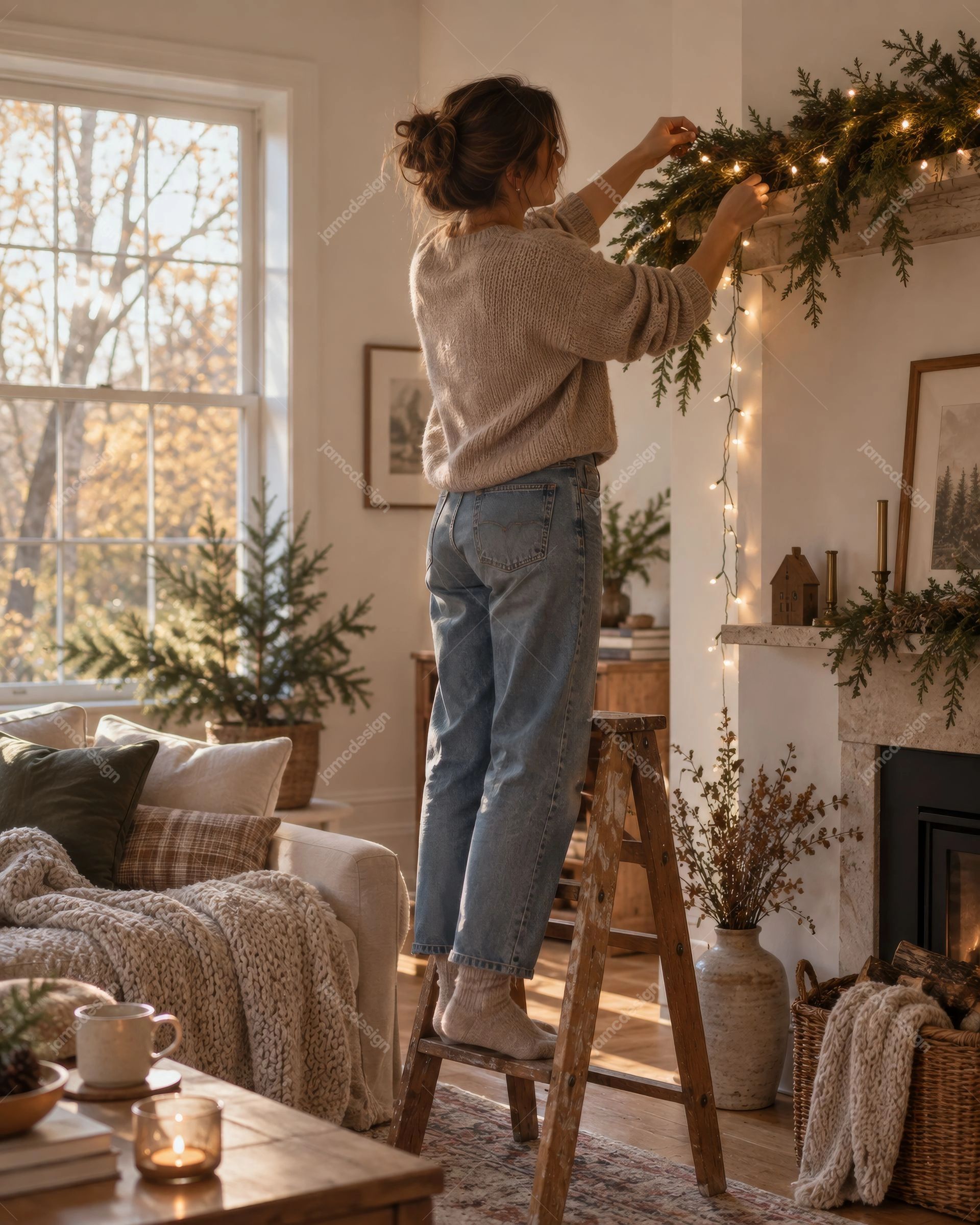 Femme Décorant Une Guirlande De Noël Chez Elle. Cette photo réaliste au format JPG montre une femme décorant une guirlande de Noël avec des lumières