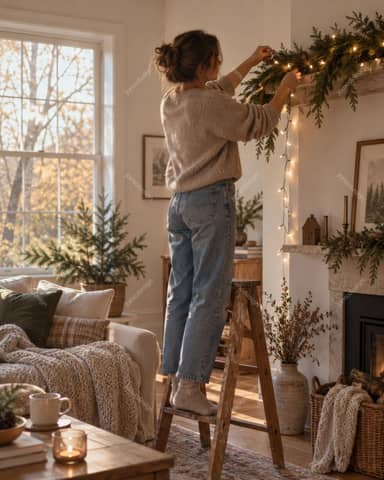 Woman Decorating Christmas Garland At Home