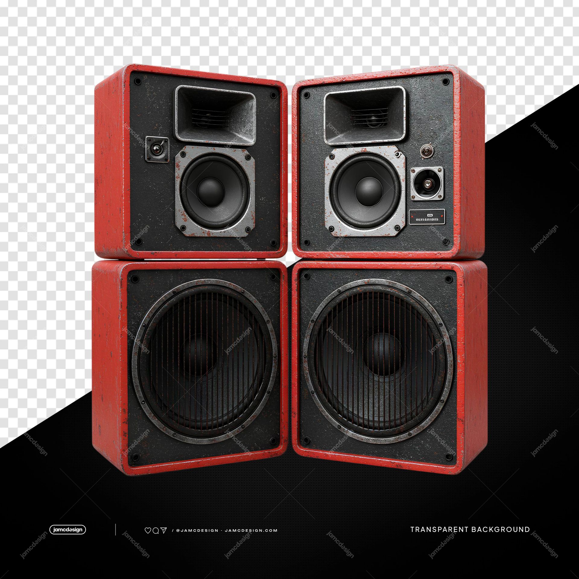 Red And Black Dual Speaker Stack With Subwoofers PNG Transparent. Realistic PNG transparent object showing a dual stack of red and black speaker cabinets