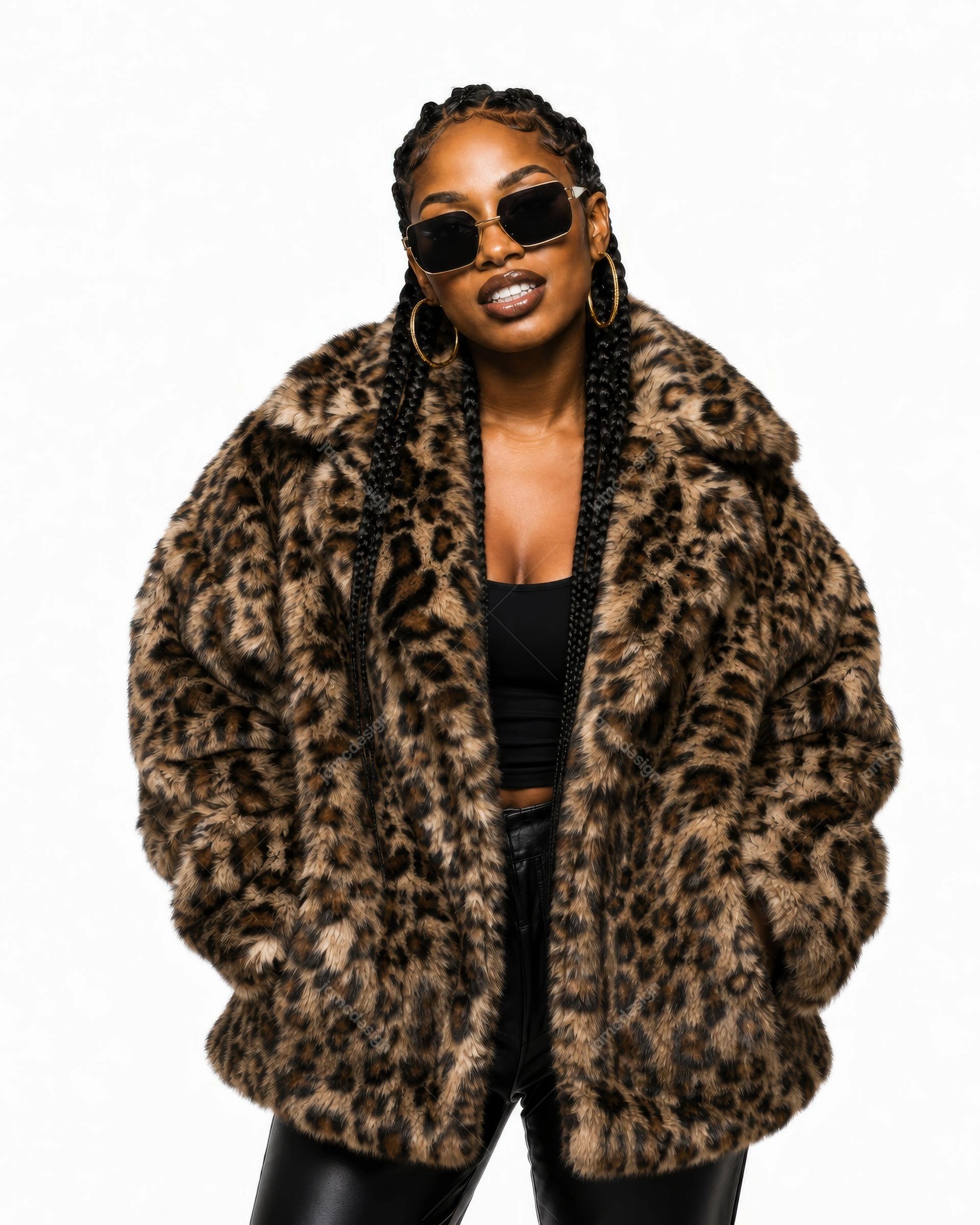 Retrato De Mulher Da Moda Com Casaco Oversized De Estampa De Leopardo. Foto de moda em JPG de uma mulher usando um casaco oversized com estampa de leopardo