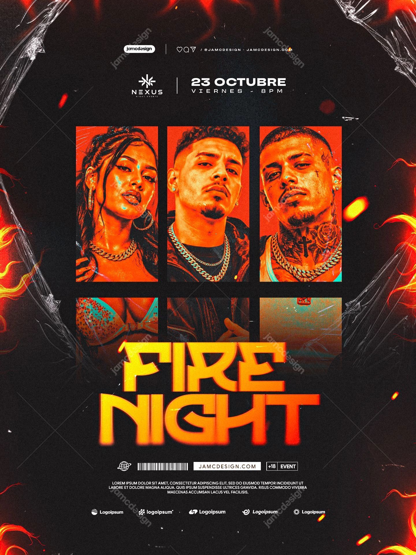Fire Night Event Flyer Template PSD. Download this editable PSD event flyer template with three fashion styled portraits, vivid red and orange fire accents