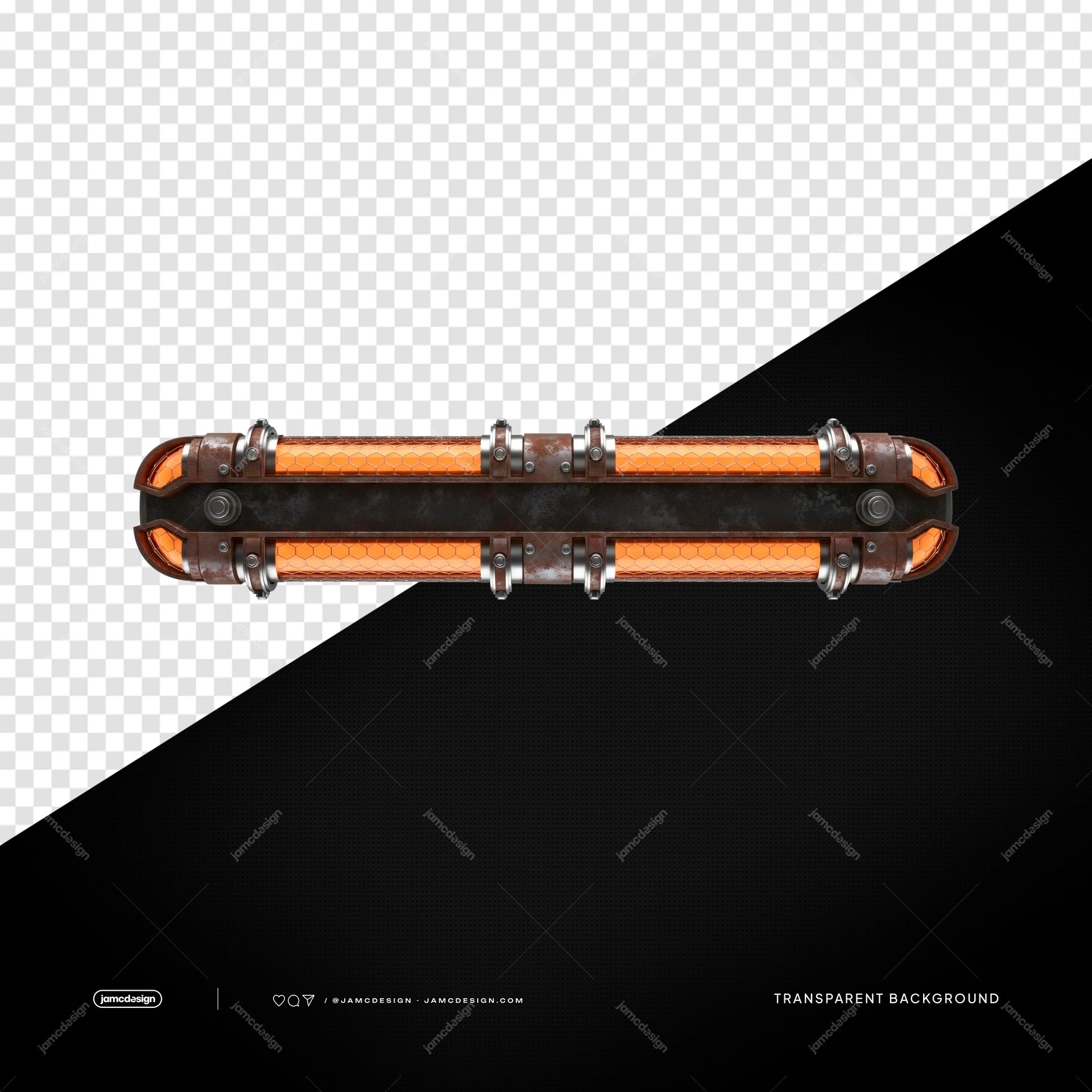 Industrial Orange Long Amber Metal Lamp LED Tube PNG Transparent. Industrial orange LED tube lamp supplied as a PNG transparent object