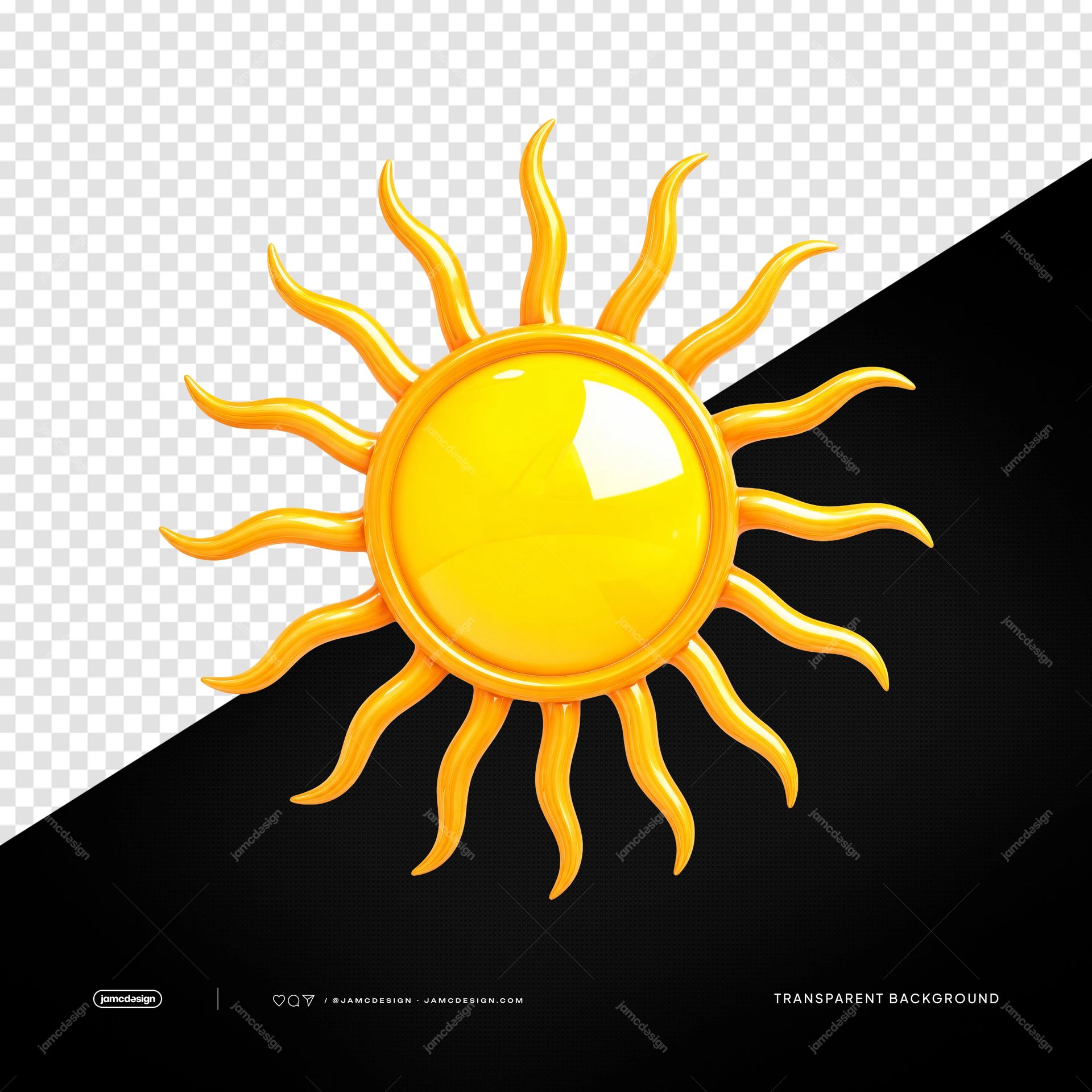 3D Wavy Rays Sun Icon PNG Transparent Background. Glossy 3D sun icon featuring a bright yellow circular core surrounded by wavy golden rays