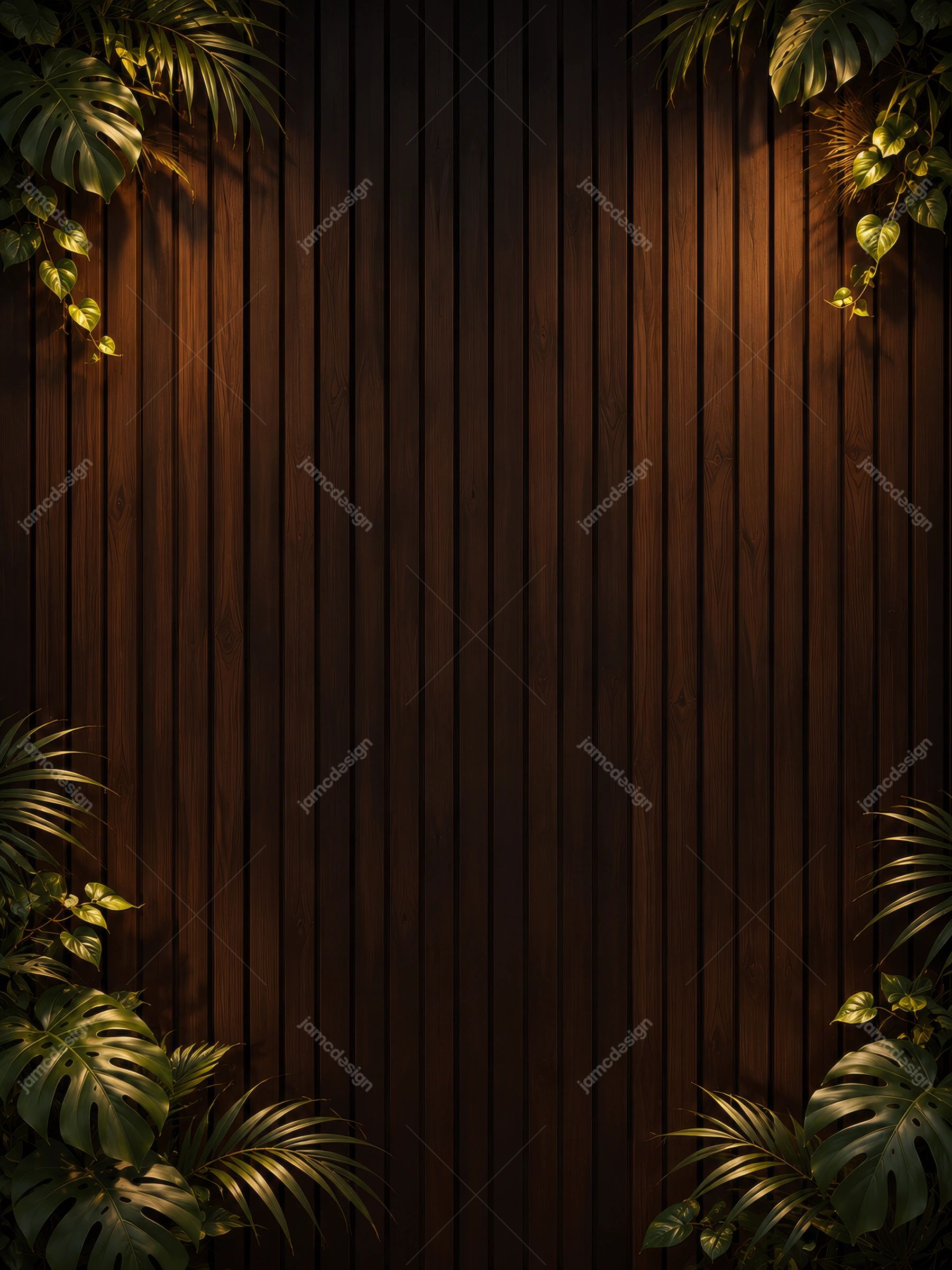 Dark Wooden Wall With Tropical Leaves Background. Download this PNG background featuring a dark wooden wall framed by tropical leaves
