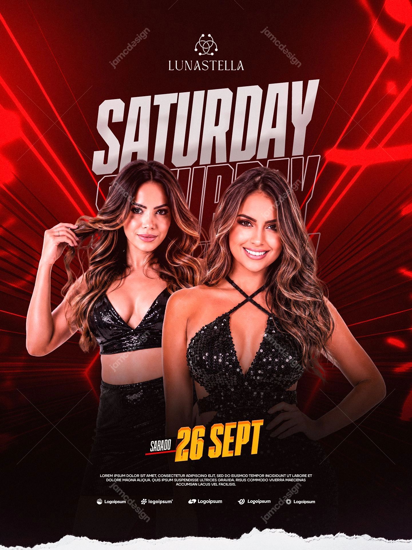 Plantilla De Flyer De Sábado Por La Noche Con Mujeres Y Neón Rojo PSD. Plantilla PSD editable para un flyer de evento de sábado por la noche