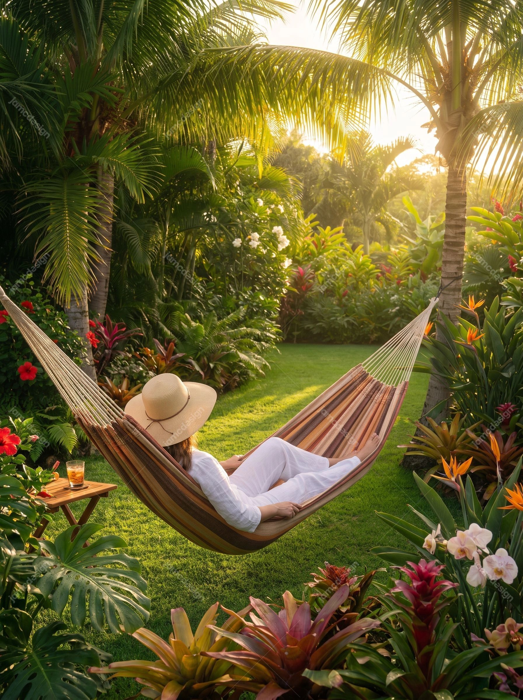 Woman Relaxing In Tropical Hammock Garden At Sunset. JPG photo of a woman relaxing in a striped hammock amid lush tropical plants and palm trees